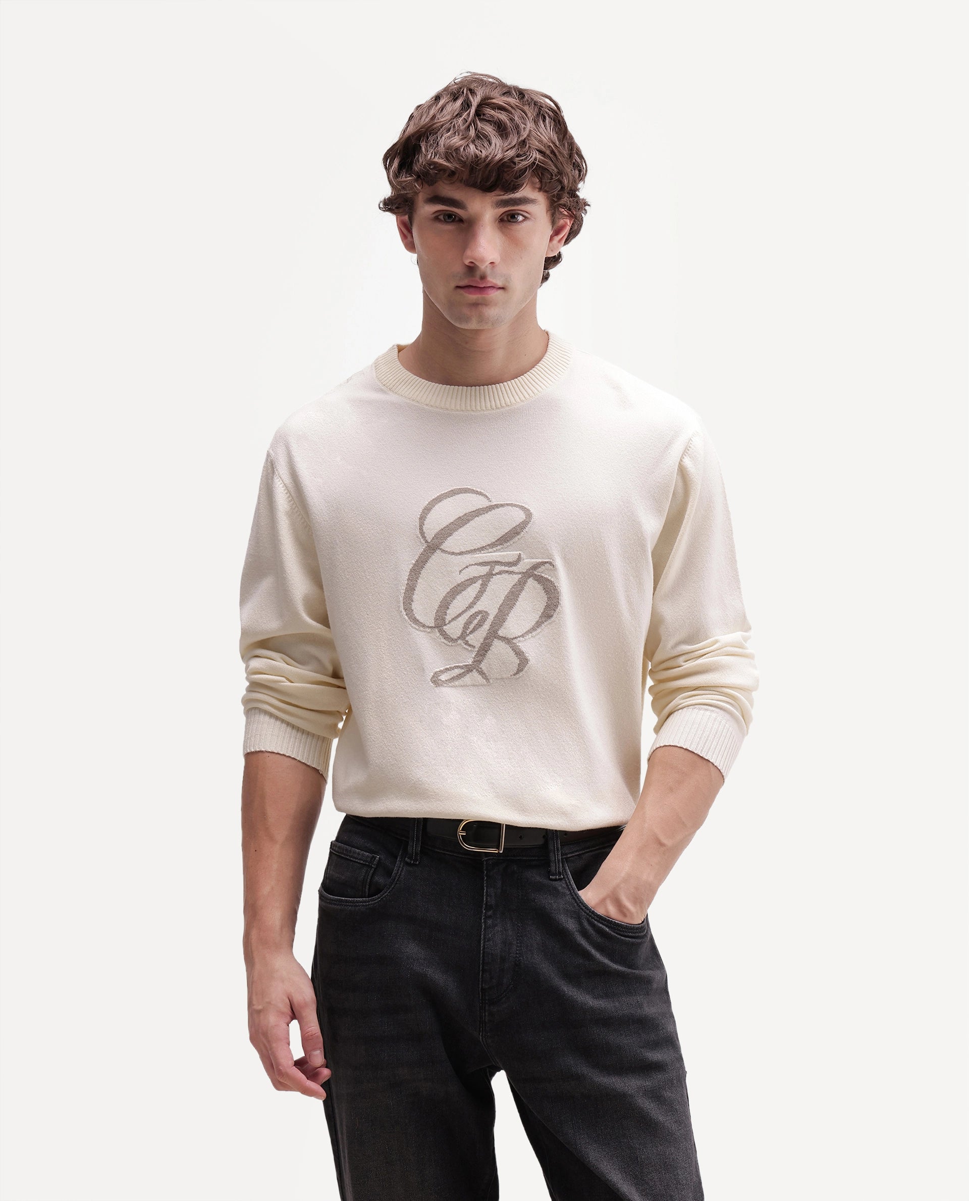 Rare Rabbit Men's Gron-A26 Off White Viscose Blend Regular Fit Viscose Blend Jacquard Sweater