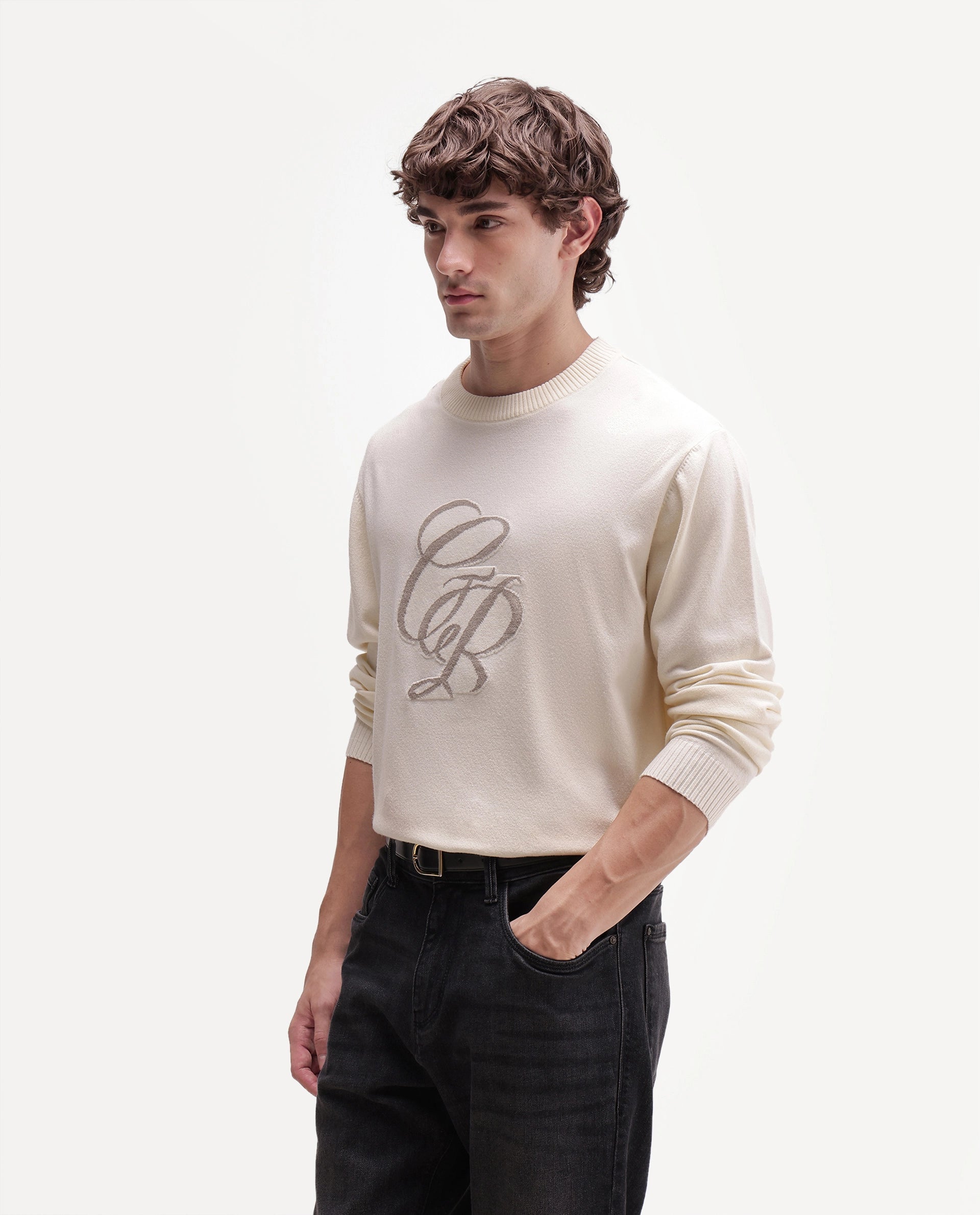 Rare Rabbit Men's Gron-A26 Off White Viscose Blend Regular Fit Viscose Blend Jacquard Sweater