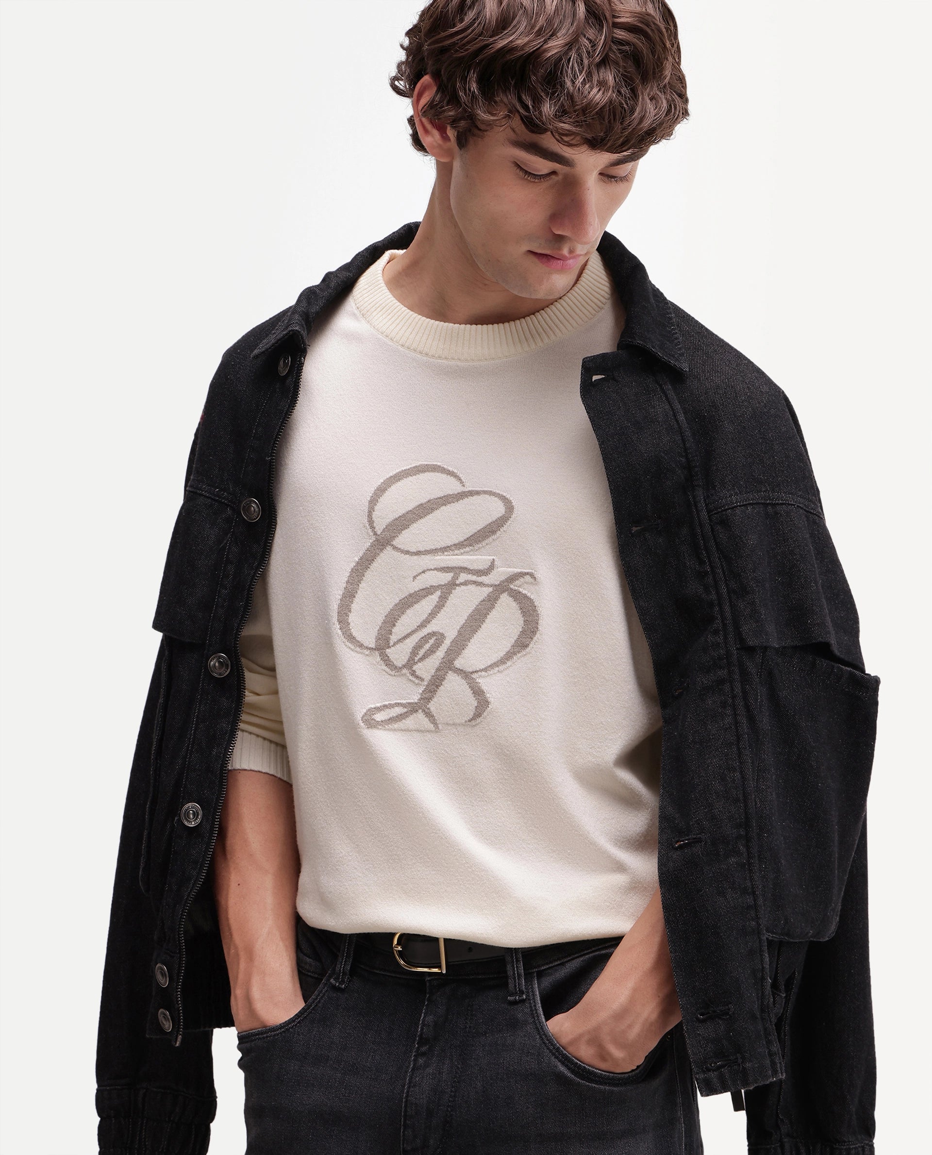 Rare Rabbit Men's Gron-A26 Off White Viscose Blend Regular Fit Viscose Blend Jacquard Sweater