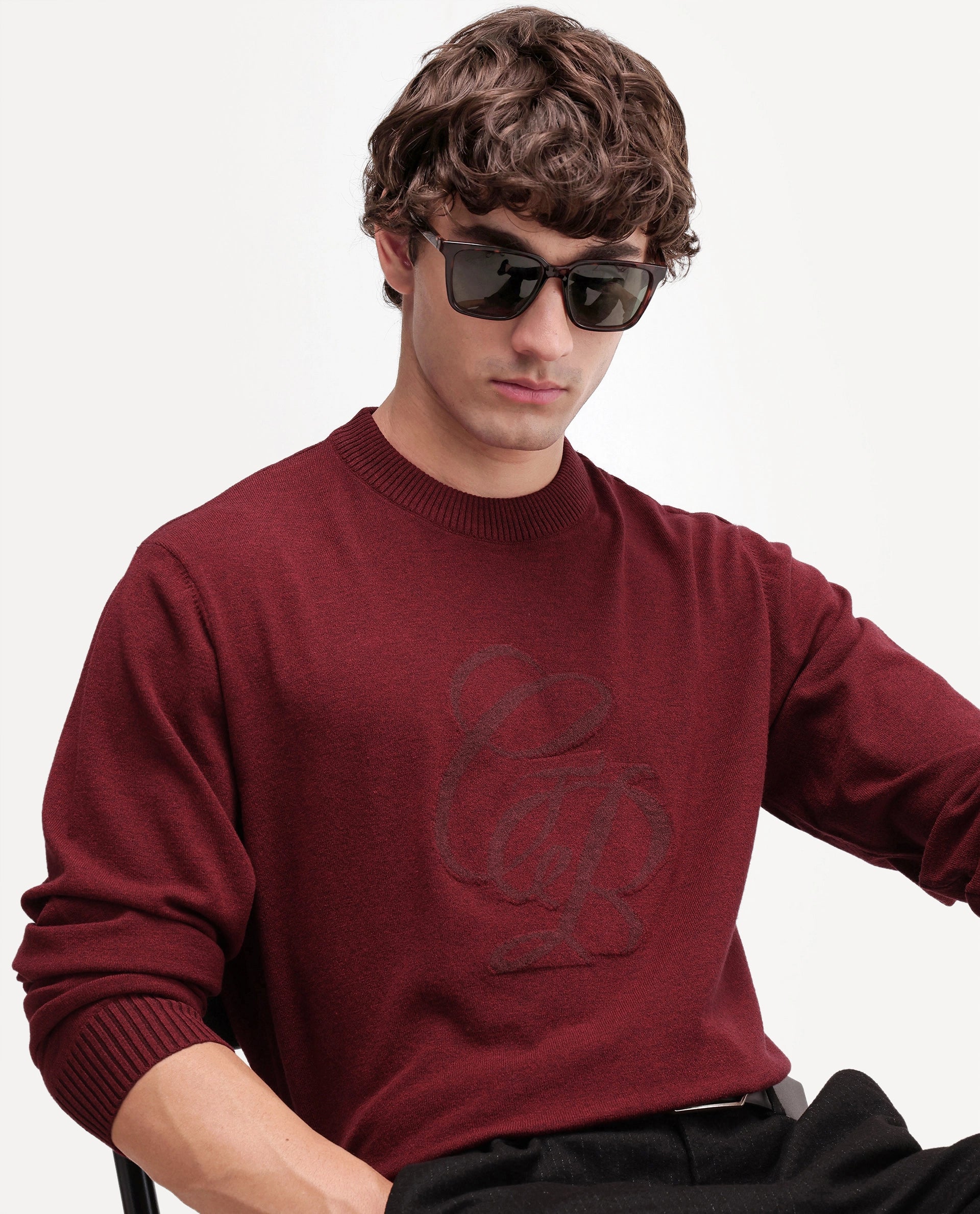 Rare Rabbit Men's Gron-A26 Red Viscose Blend Regular Fit Viscose Blend Jacquard Sweater