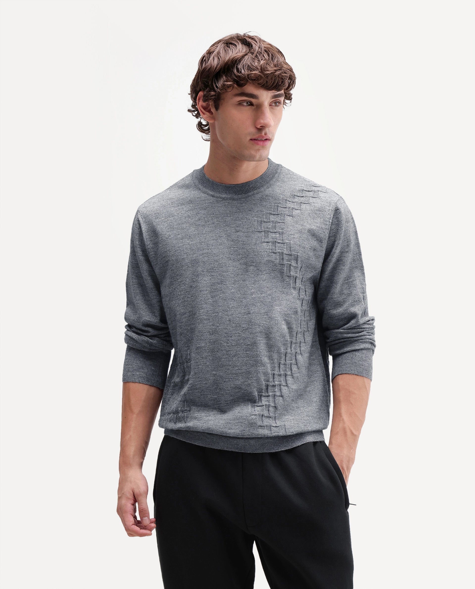 Rare Rabbit Men's Verk Grey Viscose Blend Regular Fit Jacquard Sweater