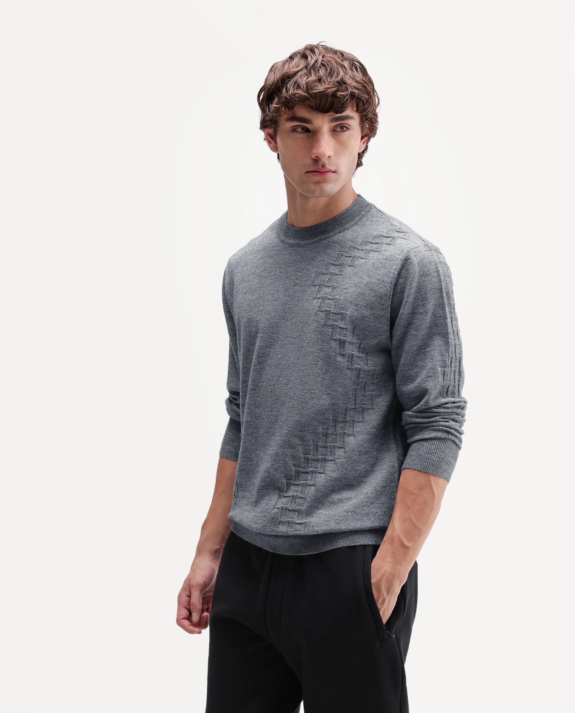 Rare Rabbit Men's Verk Grey Viscose Blend Regular Fit Jacquard Sweater