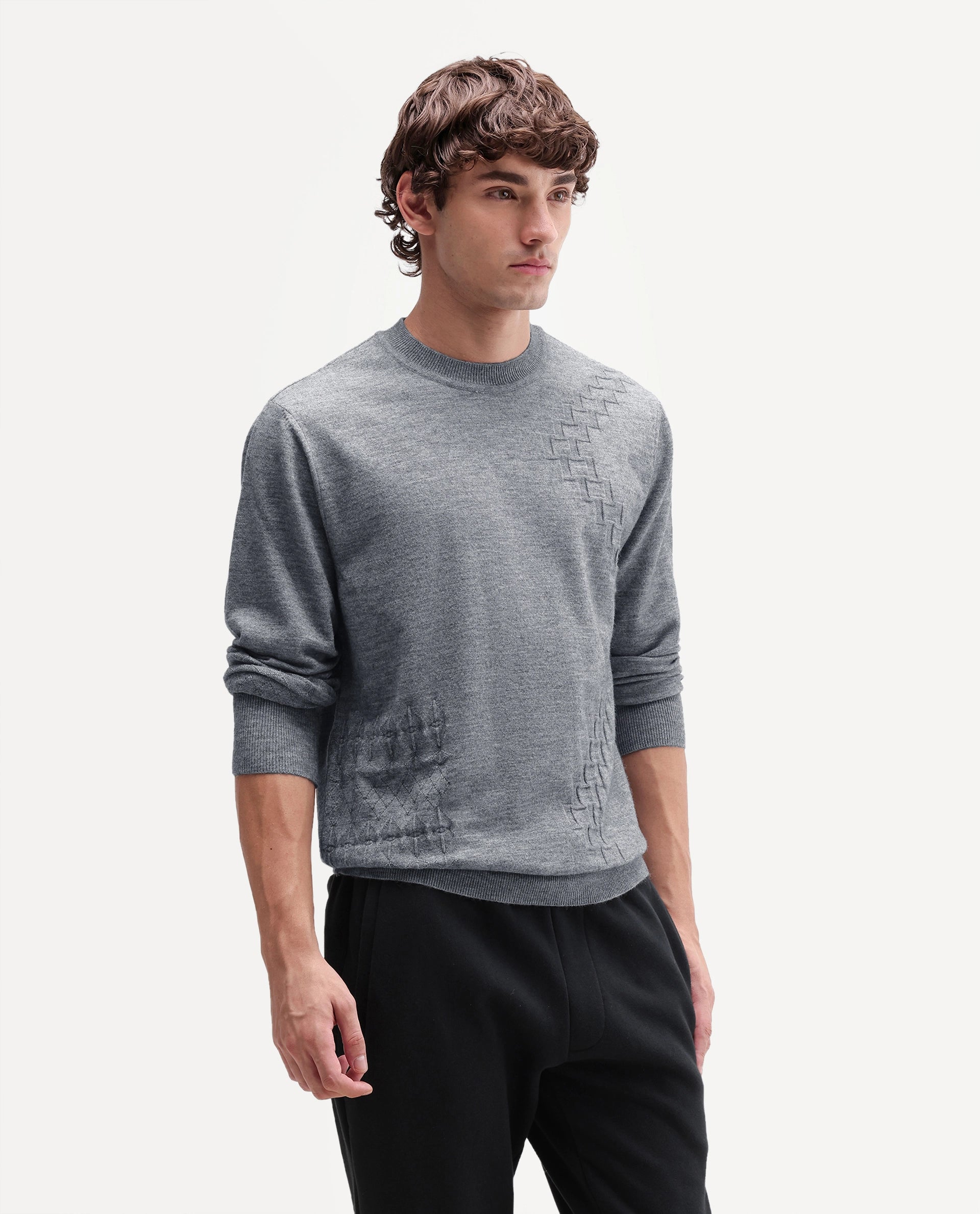 Rare Rabbit Men's Verk Grey Viscose Blend Regular Fit Jacquard Sweater