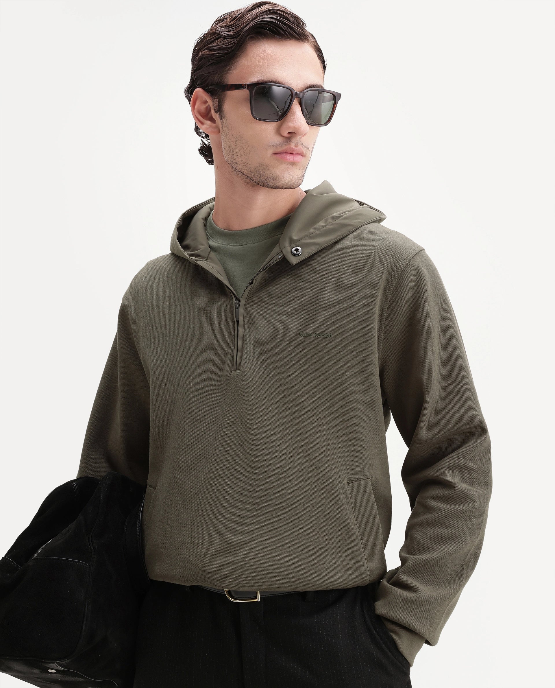 Rare Rabbit Men's Ephin-A26 Dusky Olive Cotton Blend Hooded Zipper Regular Plain Sweatshirt