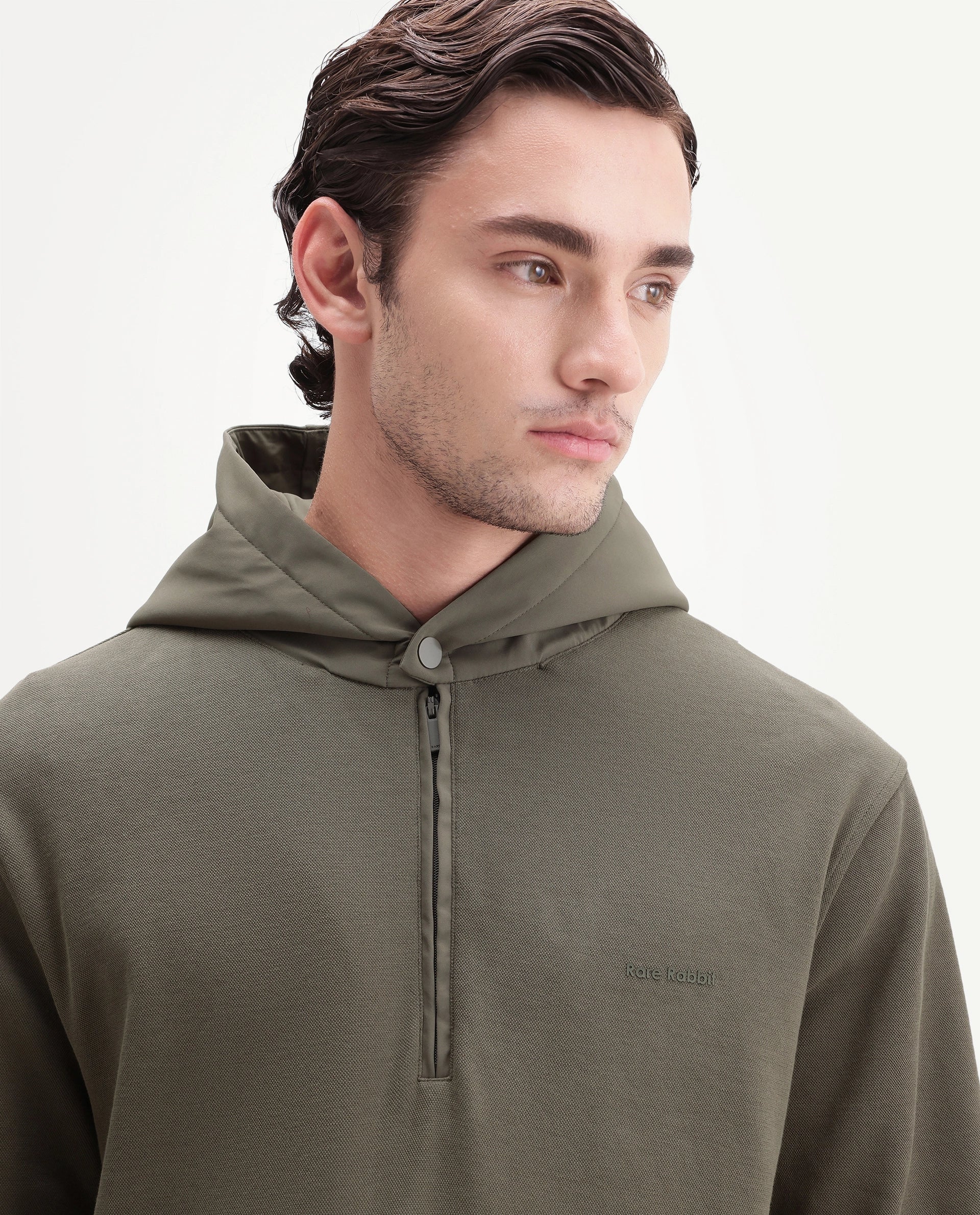 Rare Rabbit Men's Ephin-A26 Dusky Olive Cotton Blend Hooded Zipper Regular Plain Sweatshirt