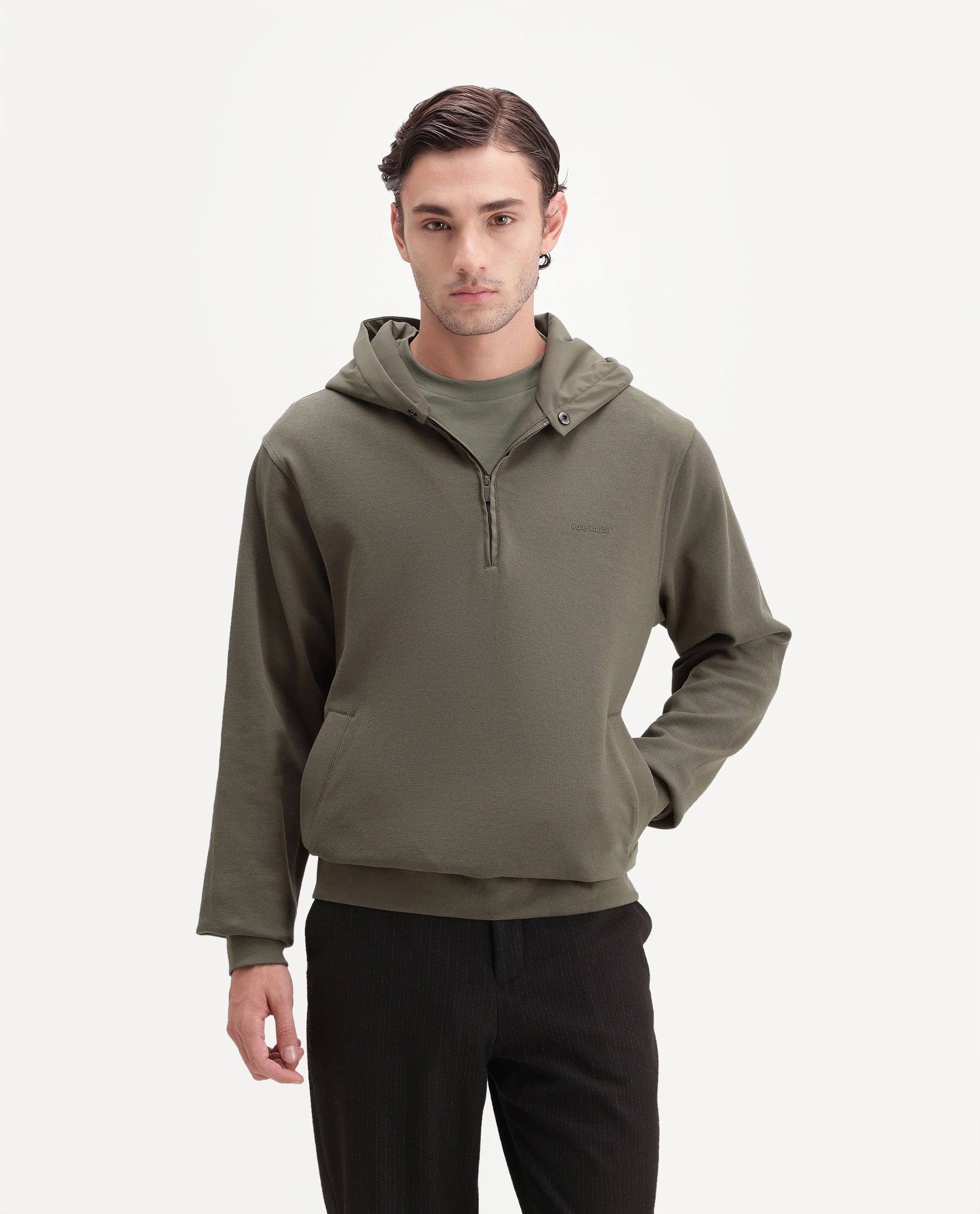 Rare Rabbit Men's Ephin-A26 Dusky Olive Cotton Blend Hooded Zipper Regular Plain Sweatshirt