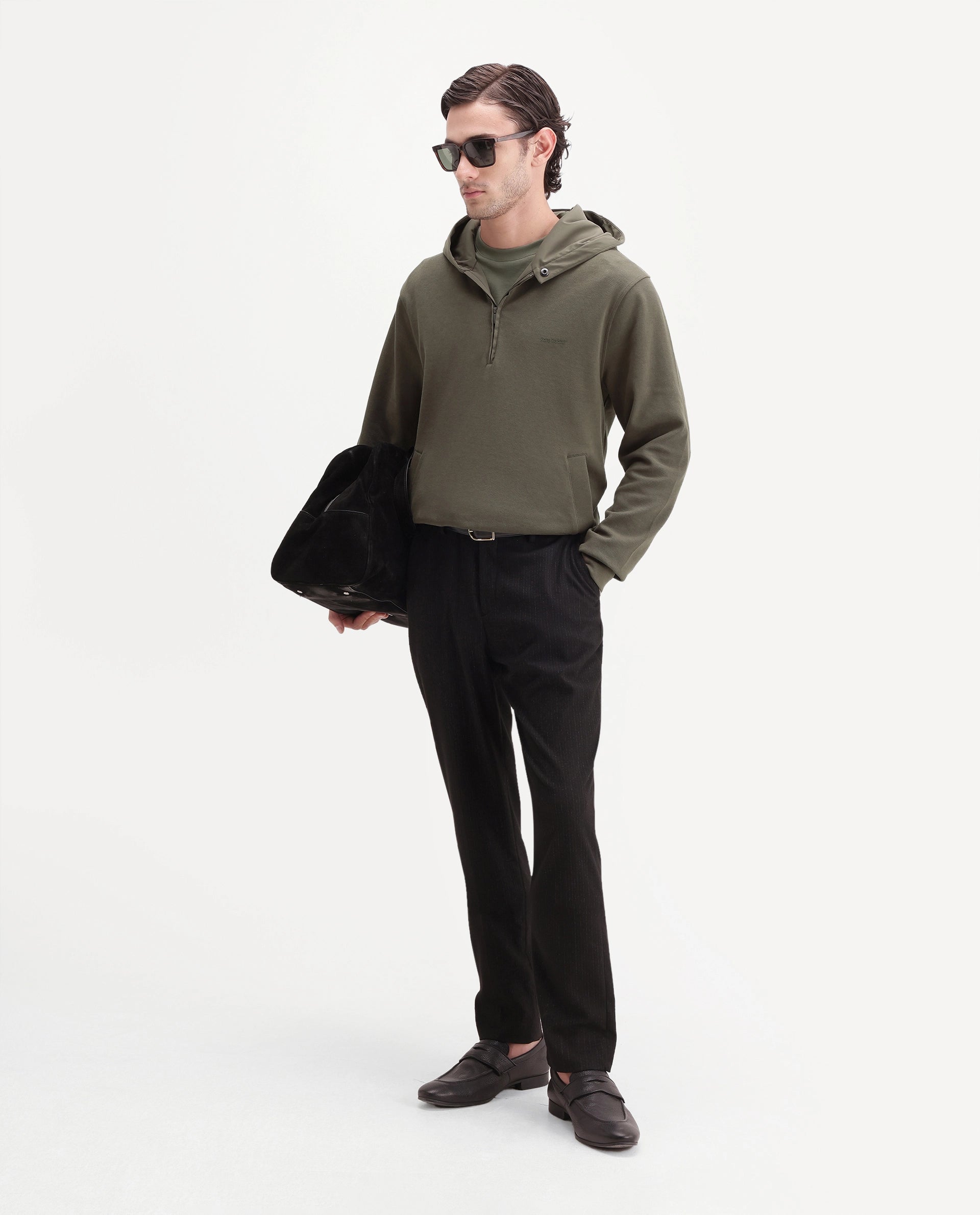 Rare Rabbit Men's Ephin-A26 Dusky Olive Cotton Blend Hooded Zipper Regular Plain Sweatshirt
