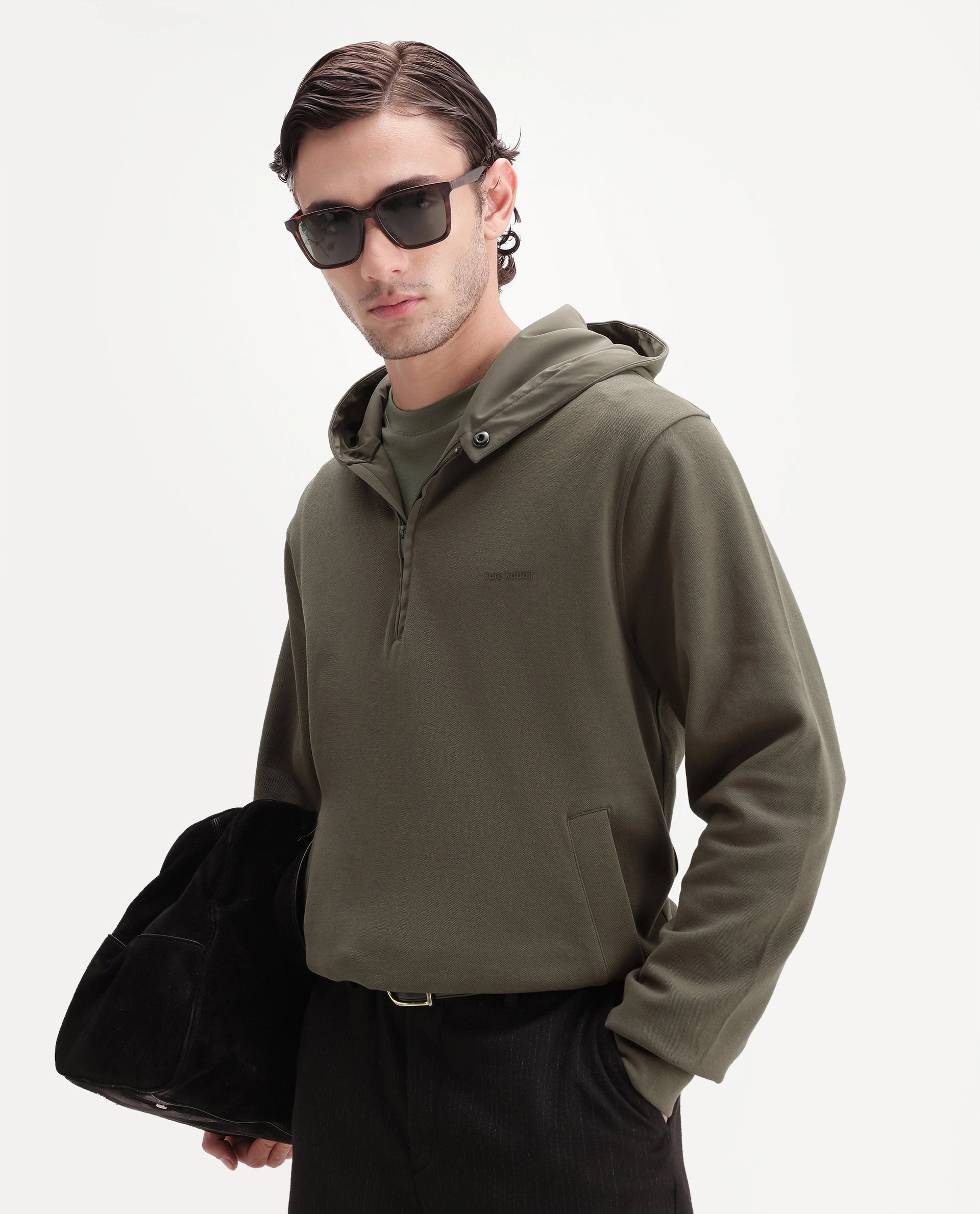 Rare Rabbit Men's Ephin-A26 Dusky Olive Cotton Blend Hooded Zipper Regular Plain Sweatshirt