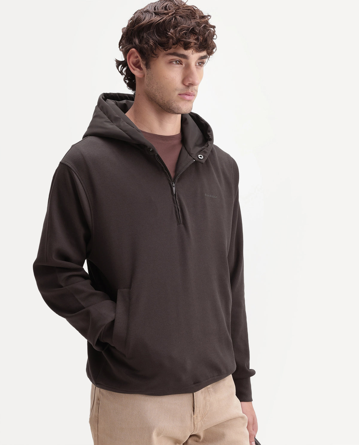 Rare Rabbit Men's Ephin-A26 Dark Brown Cotton Blend Hooded Zipper Regular Plain Sweatshirt