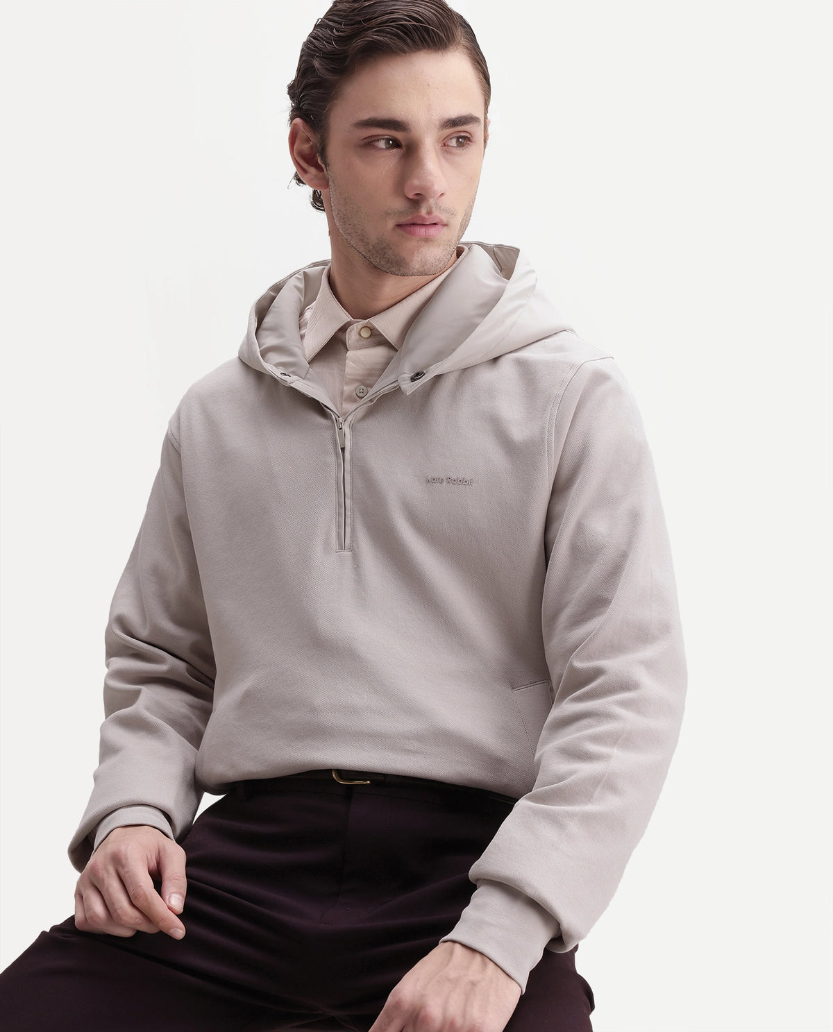 Rare Rabbit Men's Ephin-A26 Primary Beige Cotton Blend Hooded Zipper Regular Plain Sweatshirt