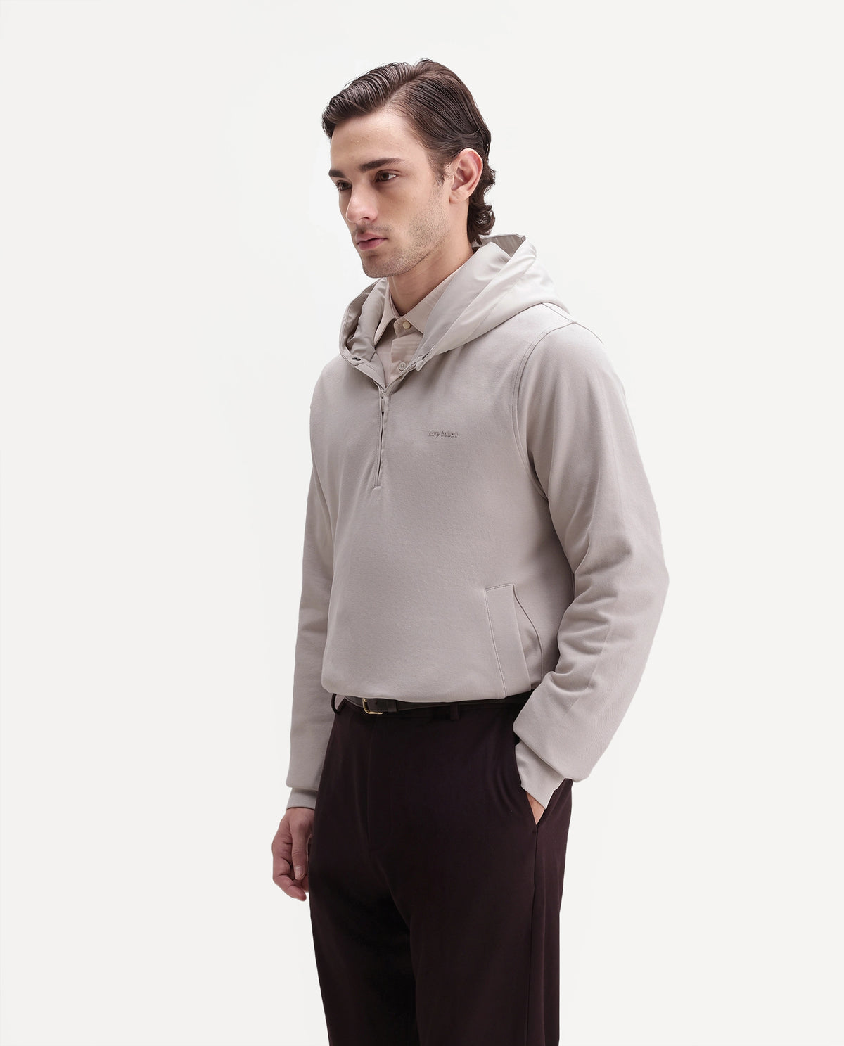 Rare Rabbit Men's Ephin-A26 Primary Beige Cotton Blend Hooded Zipper Regular Plain Sweatshirt