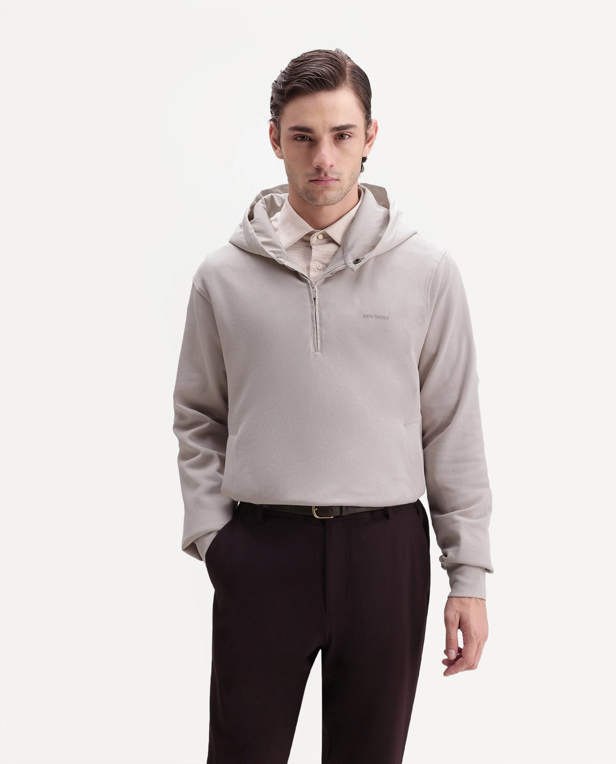 Rare Rabbit Men's Ephin-A26 Primary Beige Cotton Blend Hooded Zipper Regular Plain Sweatshirt
