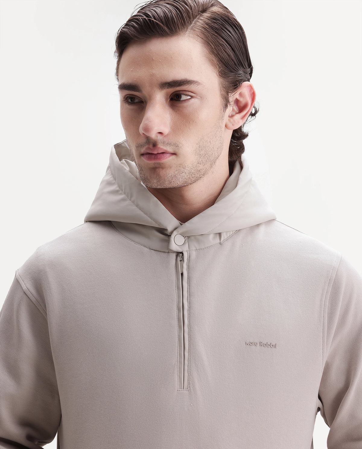 Rare Rabbit Men's Ephin-A26 Primary Beige Cotton Blend Hooded Zipper Regular Plain Sweatshirt
