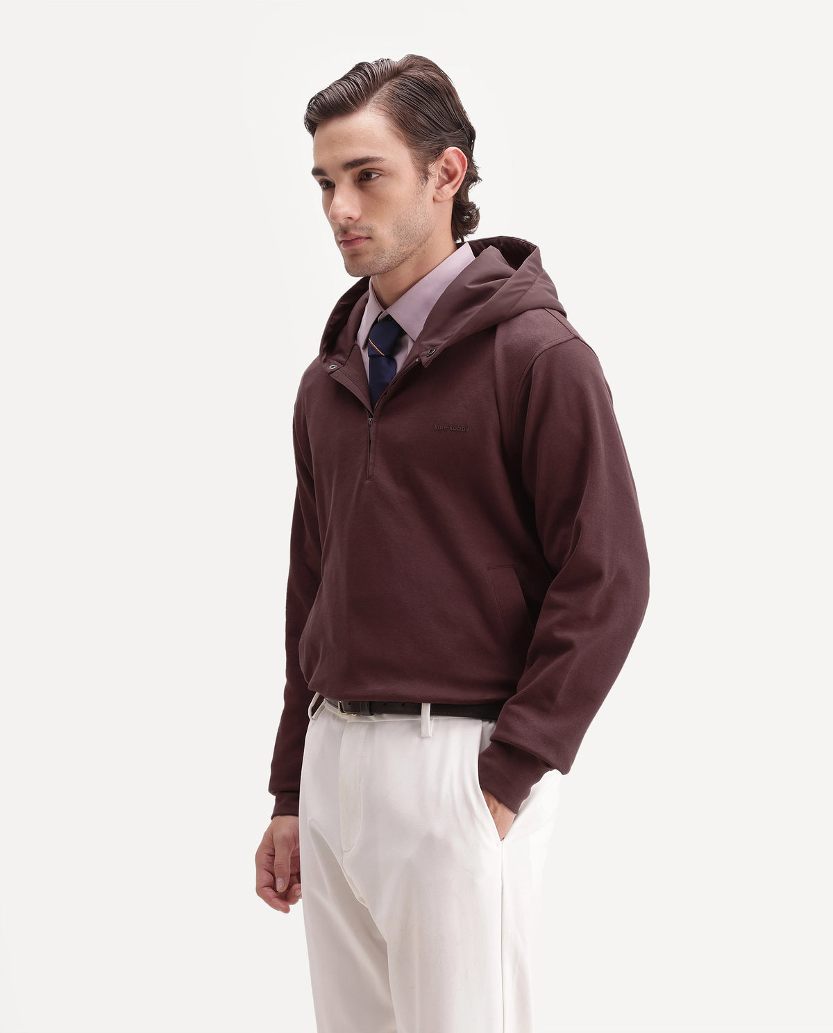Rare Rabbit Men's Ephin-A26 Dark Red Cotton Blend Hooded Zipper Regular Plain Sweatshirt