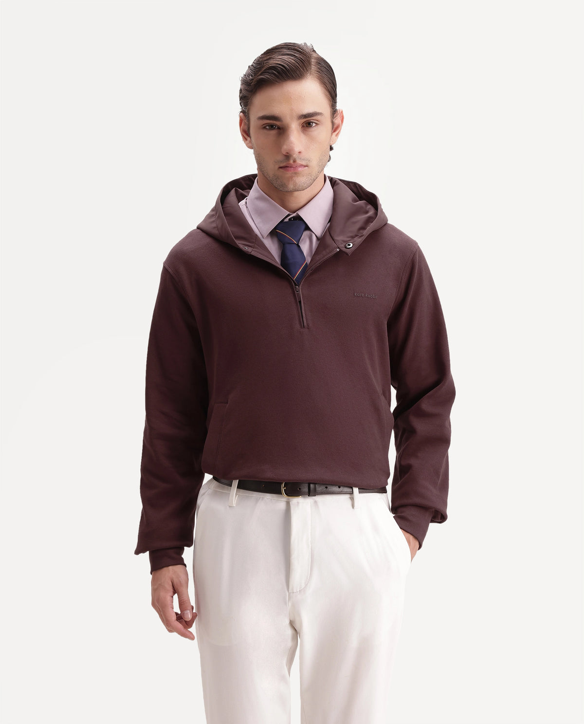 Rare Rabbit Men's Ephin-A26 Dark Red Cotton Blend Hooded Zipper Regular Plain Sweatshirt
