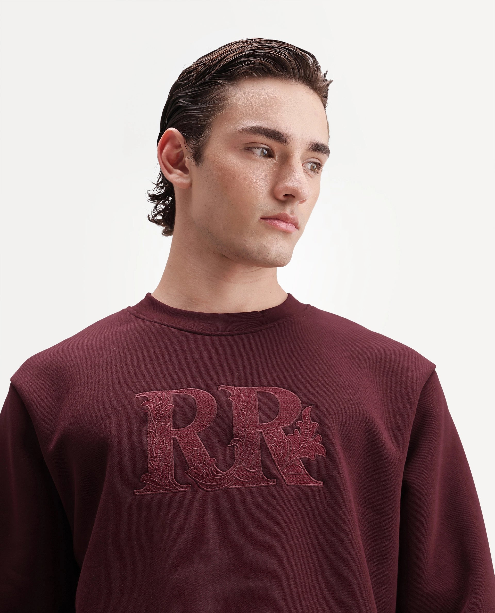 Rare Rabbit Men's Jonas Dark Maroon Cotton Blend Crew Neck Regular Embroidered Sweatshirt