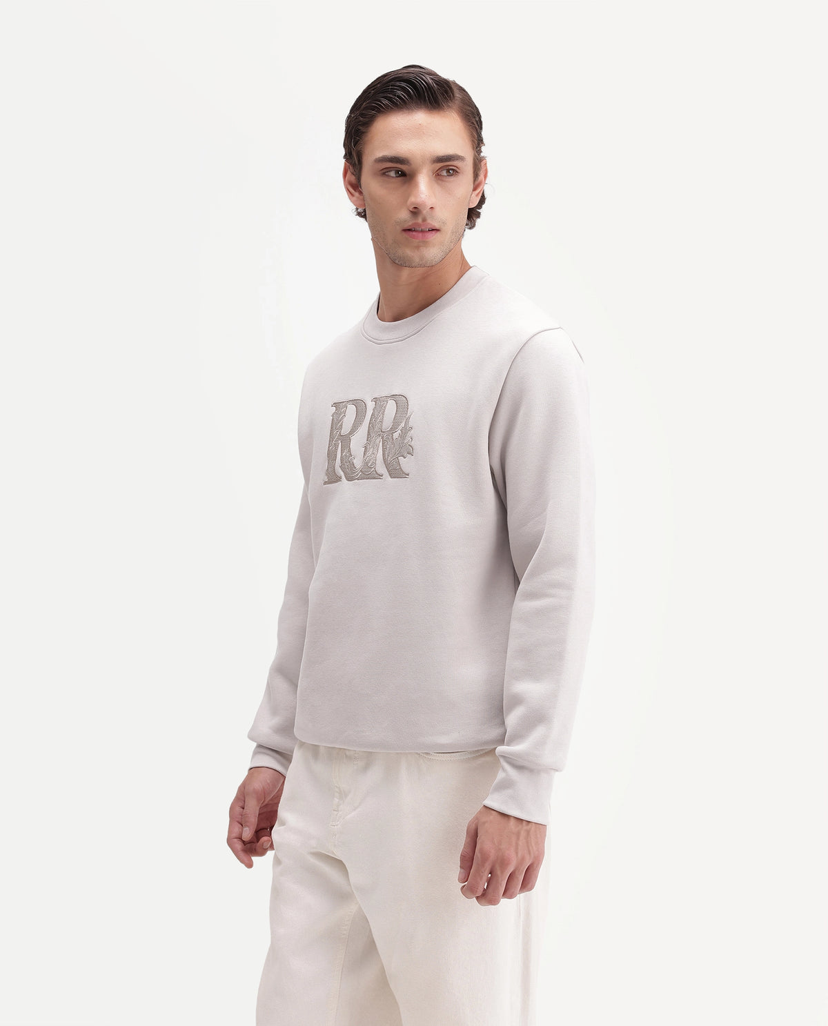 Rare Rabbit Men's Jonas Primary Off White Cotton Blend Crew Neck Regular Embroidered Sweatshirt