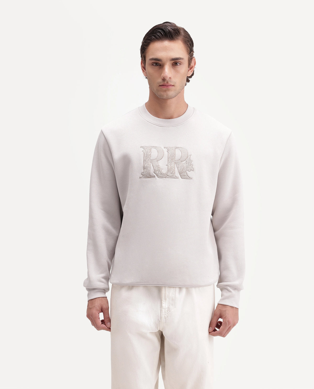 Rare Rabbit Men's Jonas Primary Off White Cotton Blend Crew Neck Regular Embroidered Sweatshirt