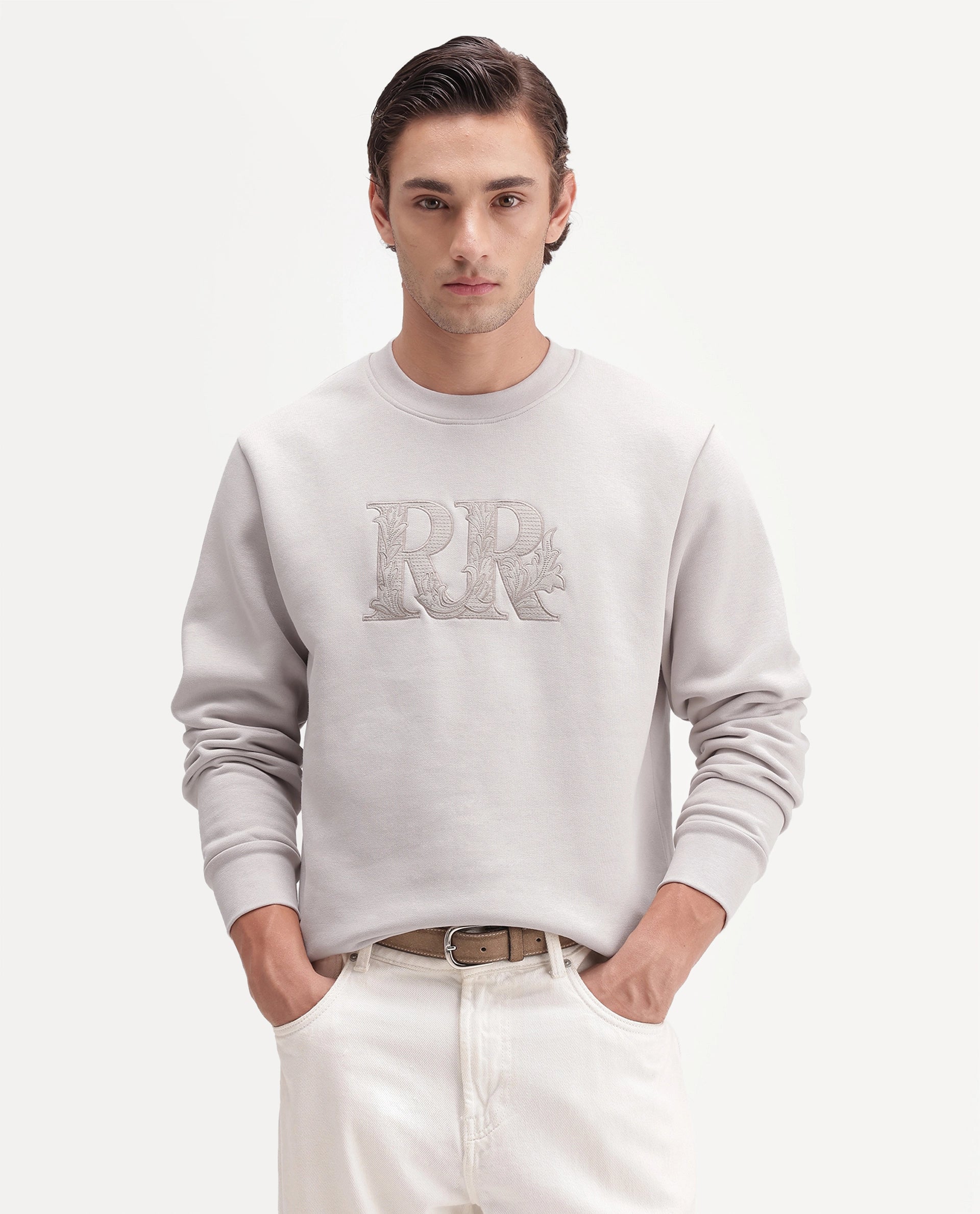 Rare Rabbit Men's Jonas Primary Off White Cotton Blend Crew Neck Regular Embroidered Sweatshirt