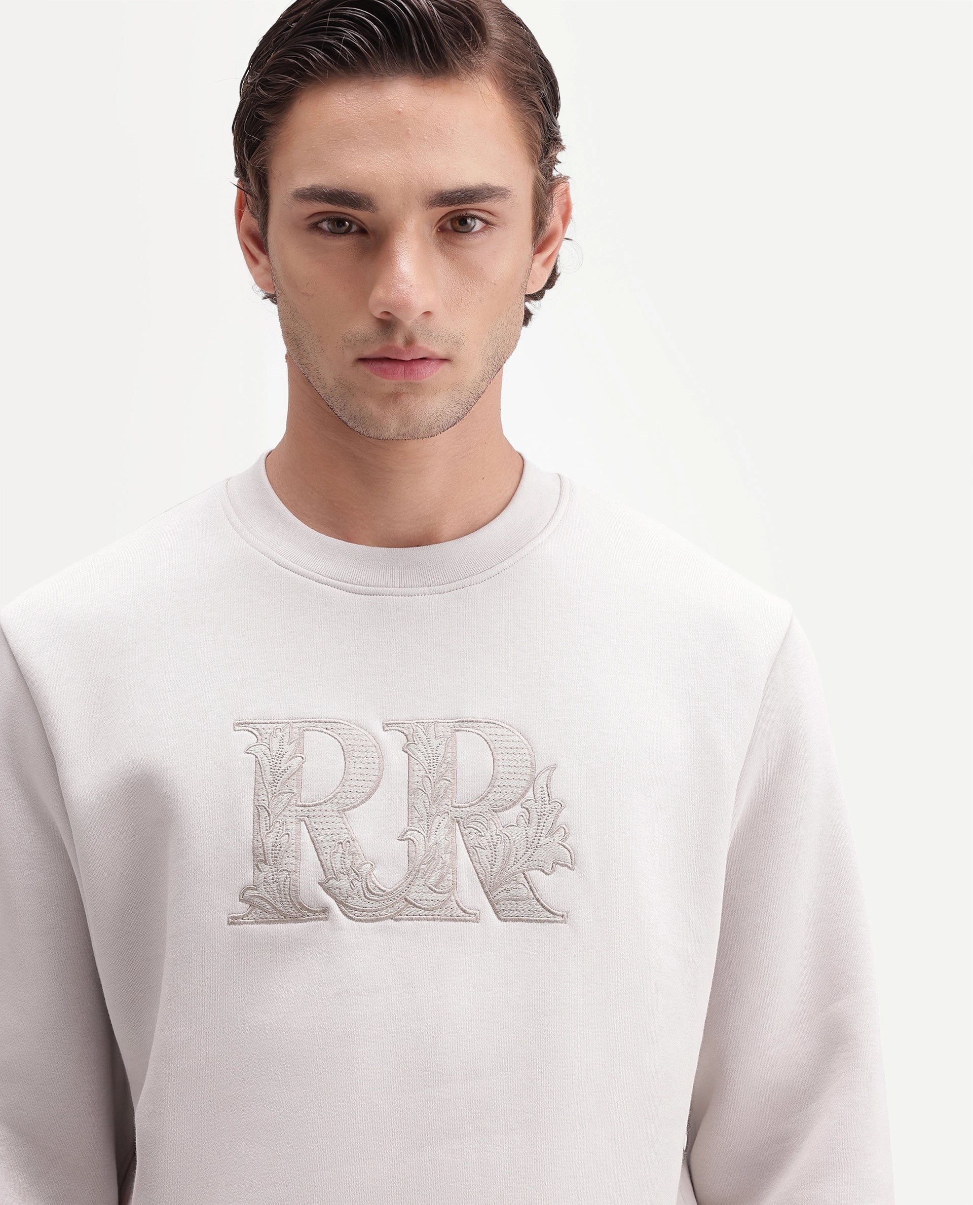 Rare Rabbit Men's Jonas Primary Off White Cotton Blend Crew Neck Regular Embroidered Sweatshirt