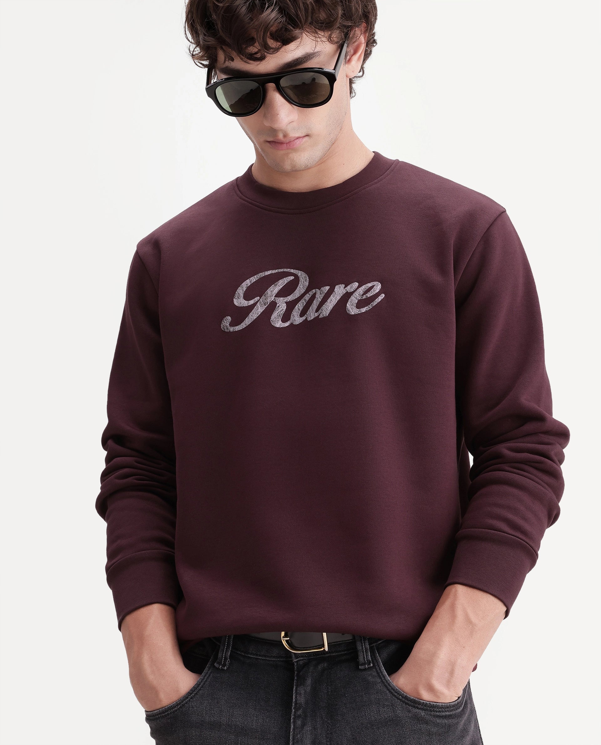 Rare Rabbit Men's Adio Primary Maroon Cotton Blend Crew Neck Regular Graphic Print Sweatshirt