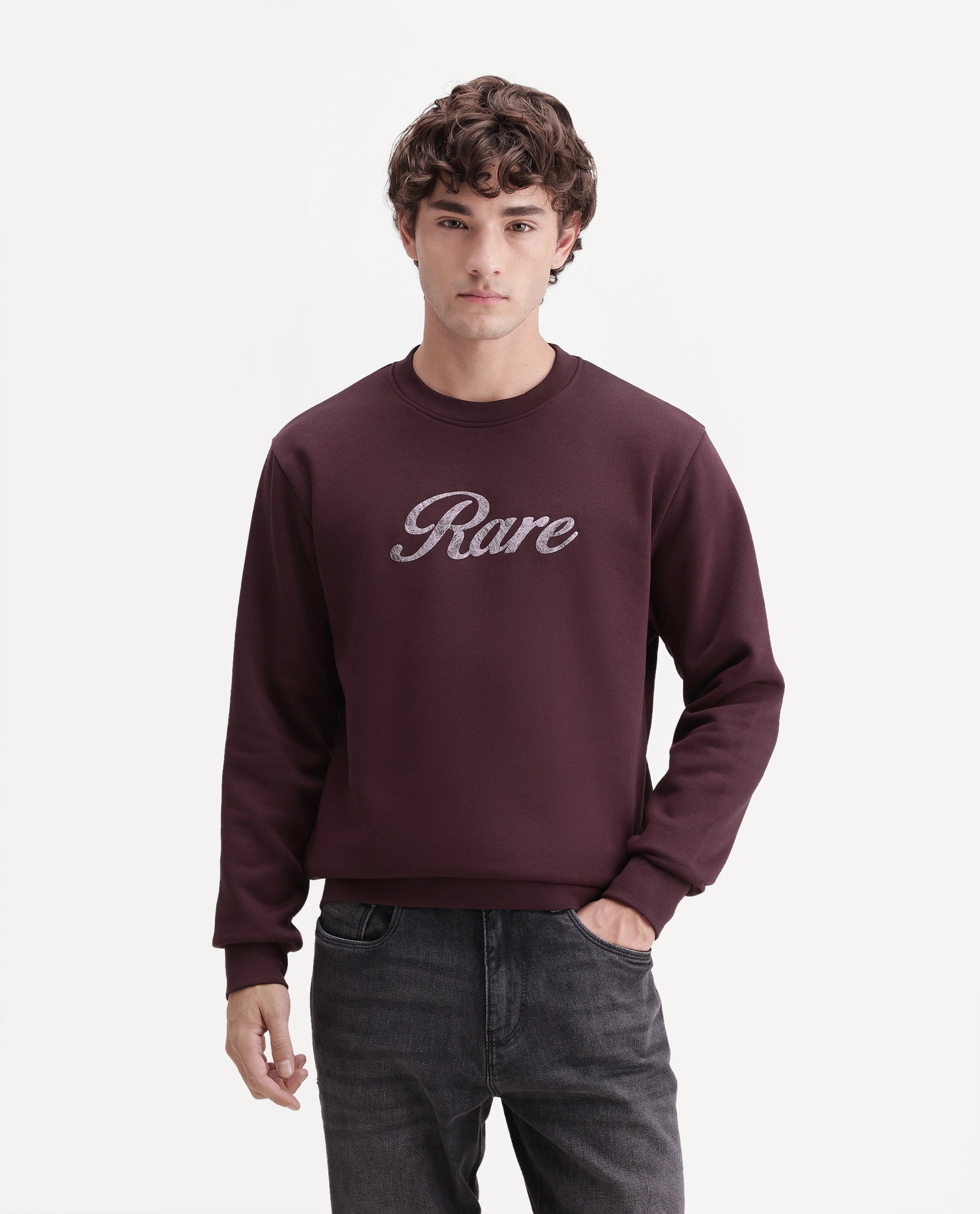Rare Rabbit Men's Adio Primary Maroon Cotton Blend Crew Neck Regular Graphic Print Sweatshirt