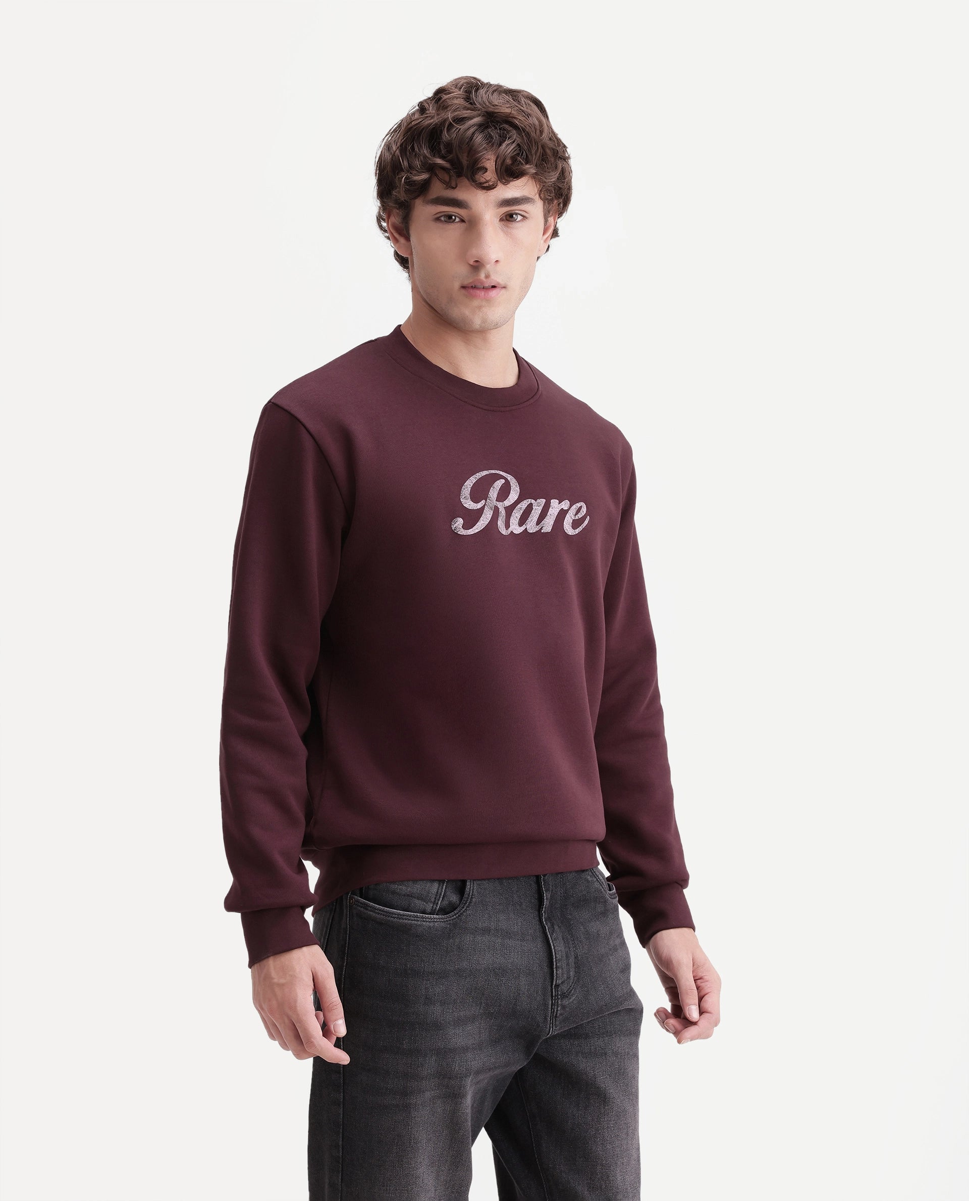 Rare Rabbit Men's Adio Primary Maroon Cotton Blend Crew Neck Regular Graphic Print Sweatshirt