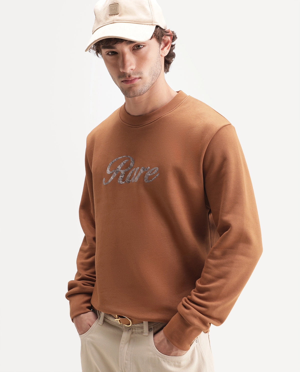 Rare Rabbit Men's Adio Primary Orange Cotton Blend Crew Neck Regular Graphic Print Sweatshirt