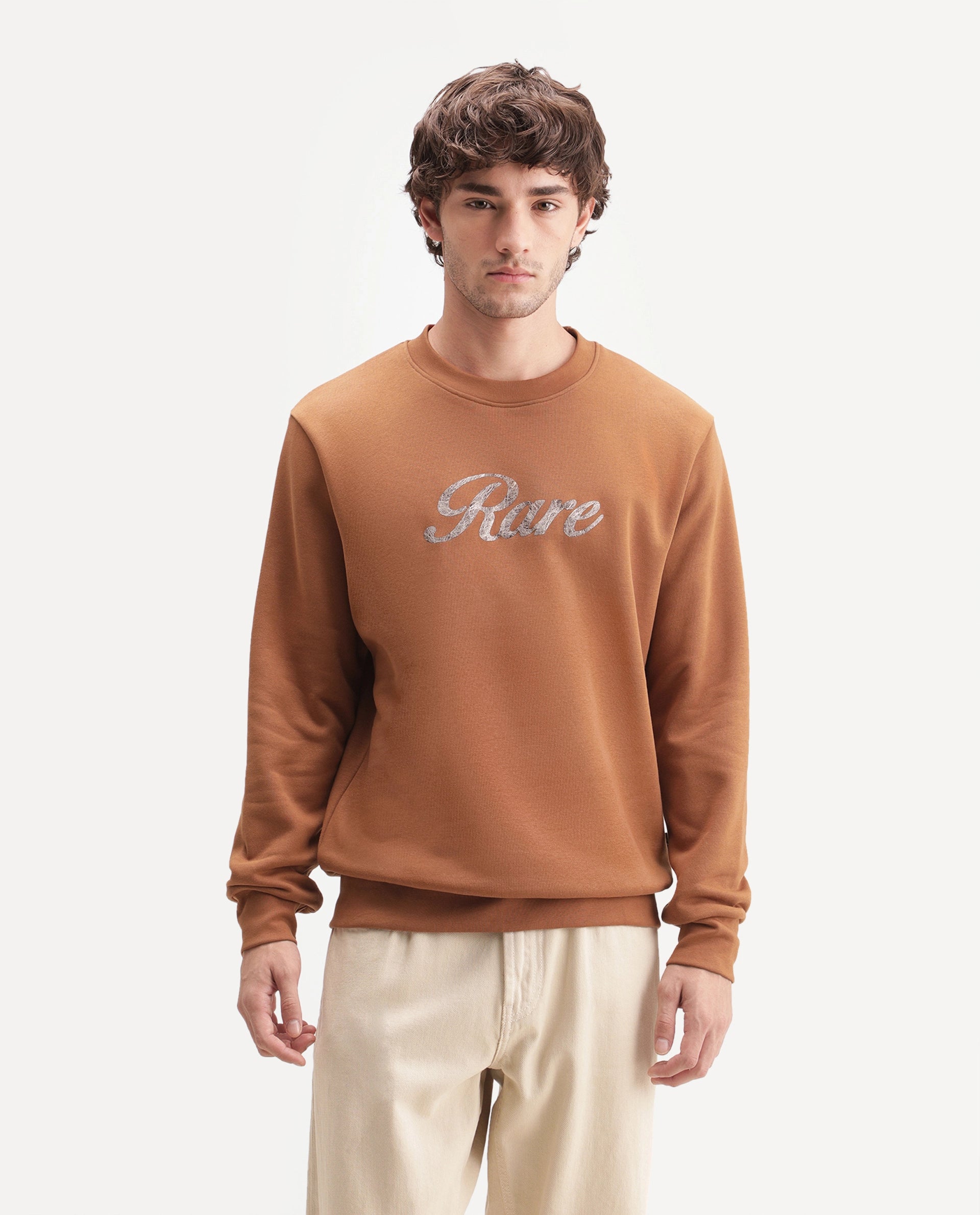 Rare Rabbit Men's Adio Primary Orange Cotton Blend Crew Neck Regular Graphic Print Sweatshirt