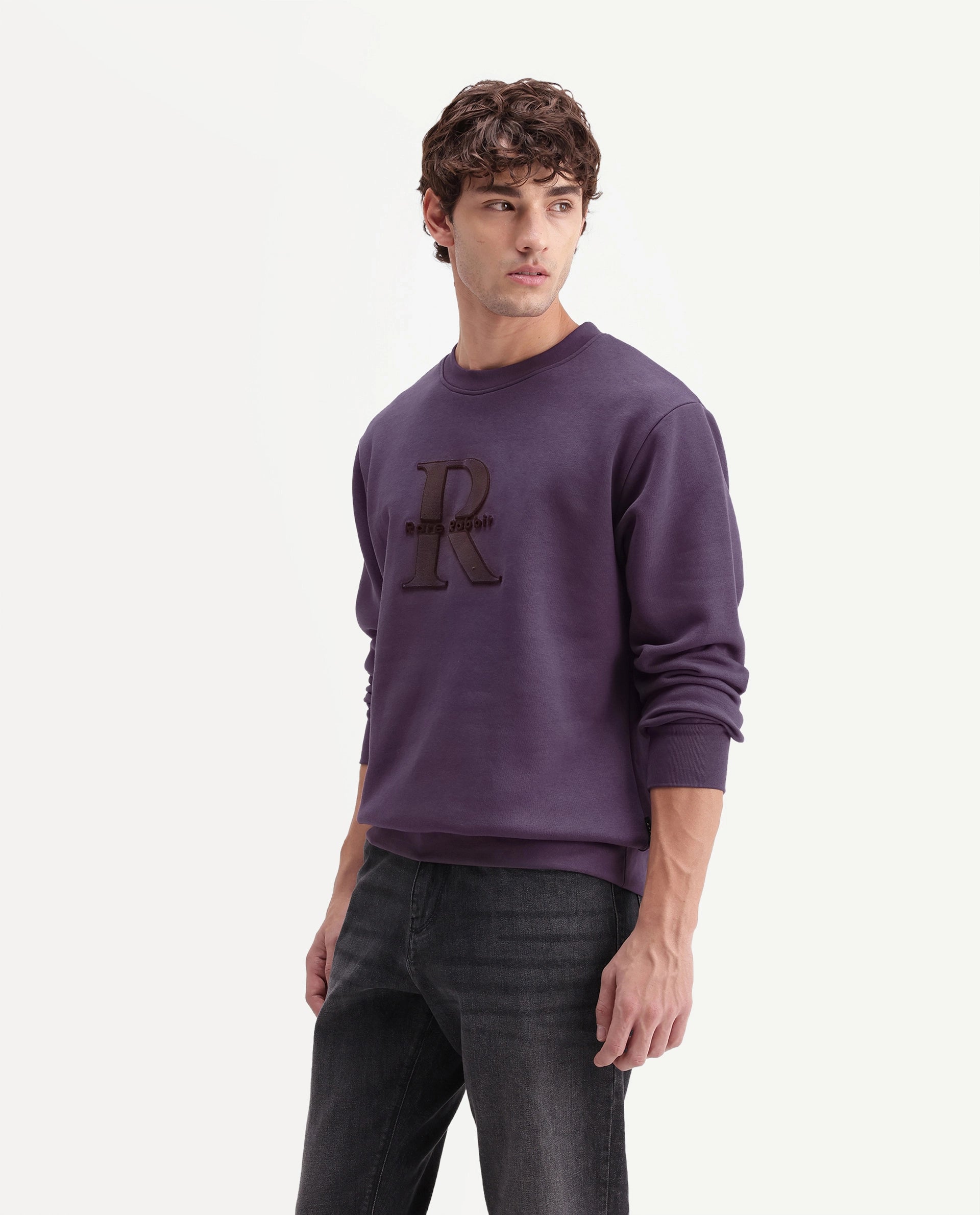 Rare Rabbit Men's Wazi Dusky Purple Cotton Blend Crew Neck Regular Embroidered Sweatshirt