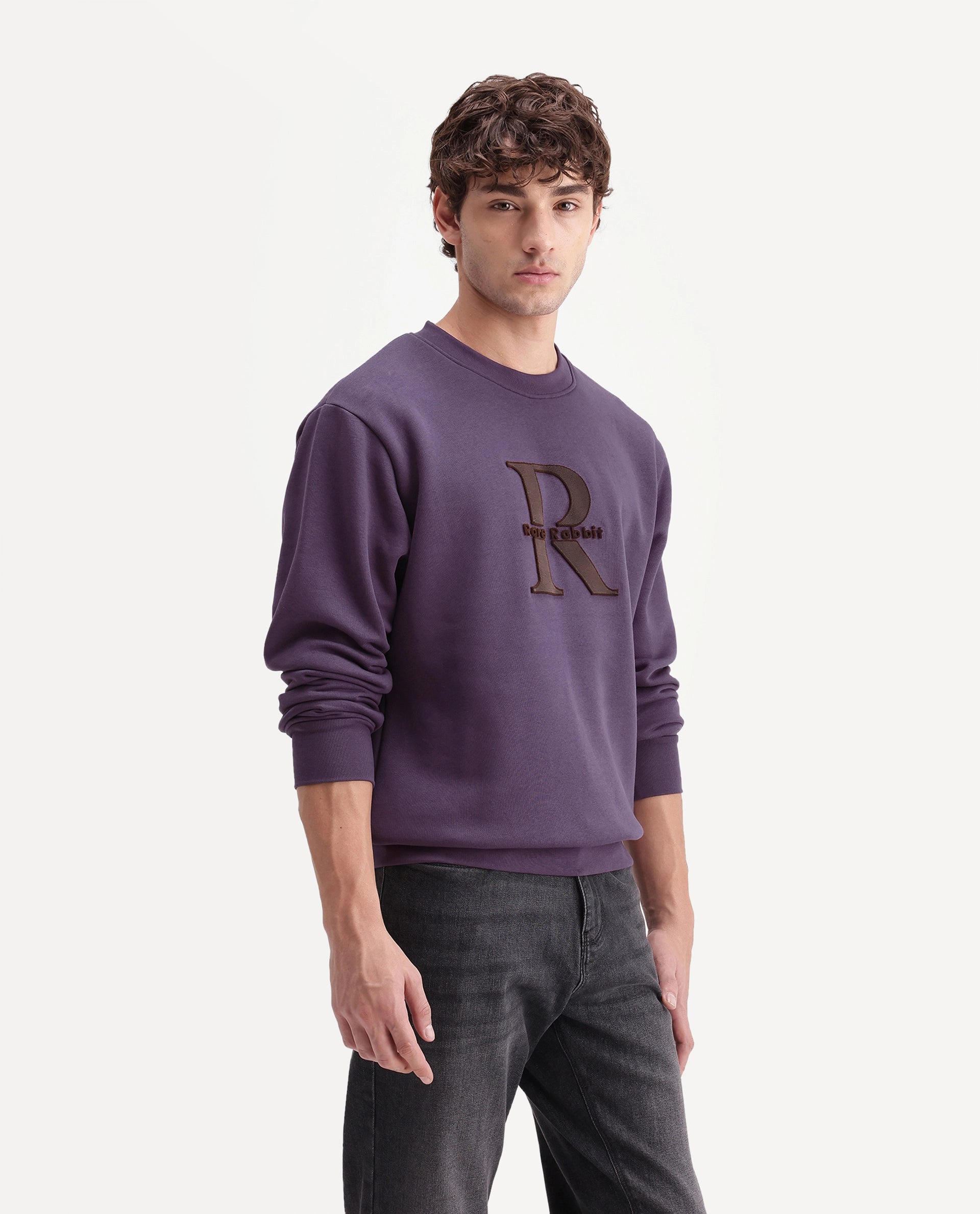 Rare Rabbit Men's Wazi Dusky Purple Cotton Blend Crew Neck Regular Embroidered Sweatshirt