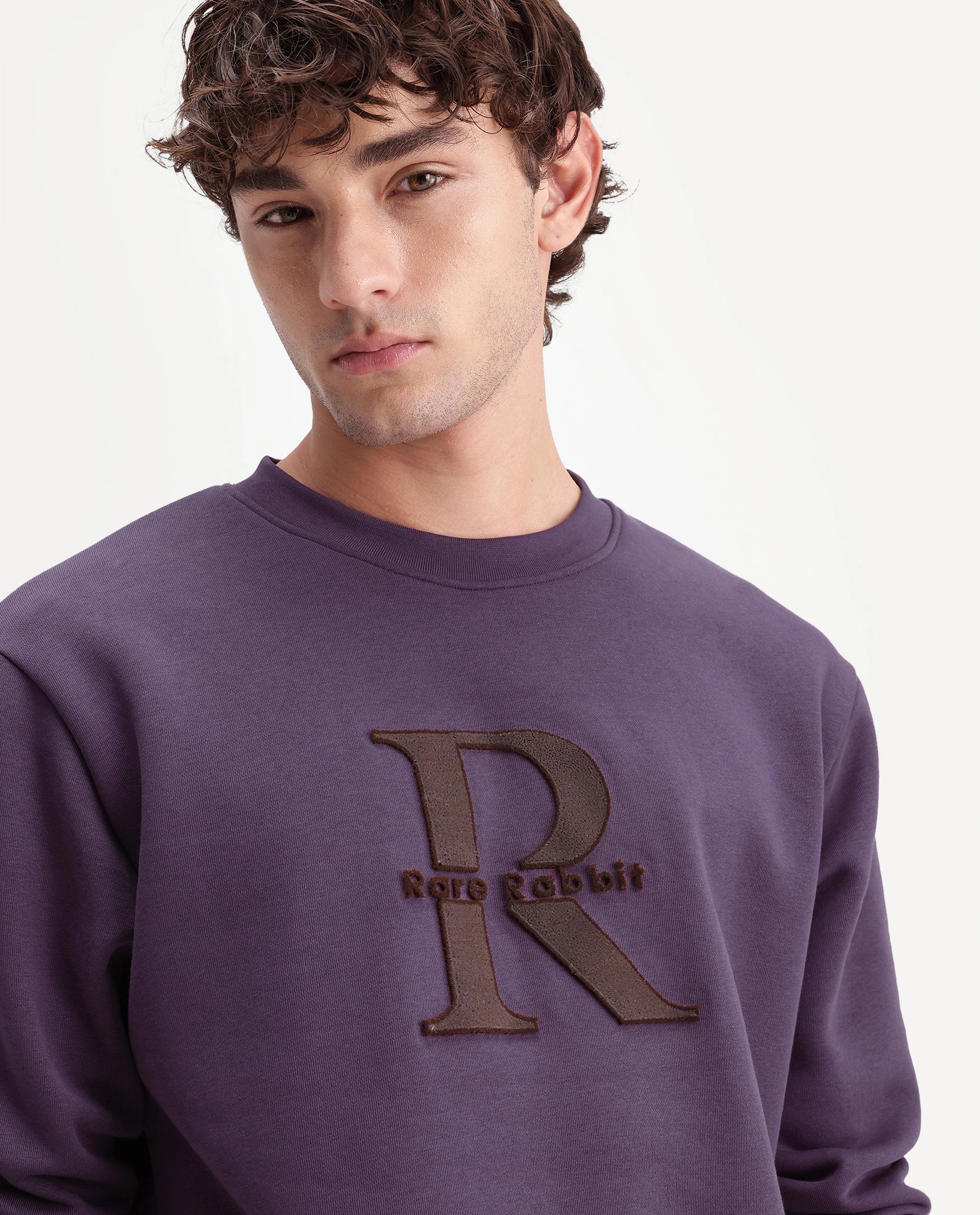 Rare Rabbit Men's Wazi Dusky Purple Cotton Blend Crew Neck Regular Embroidered Sweatshirt