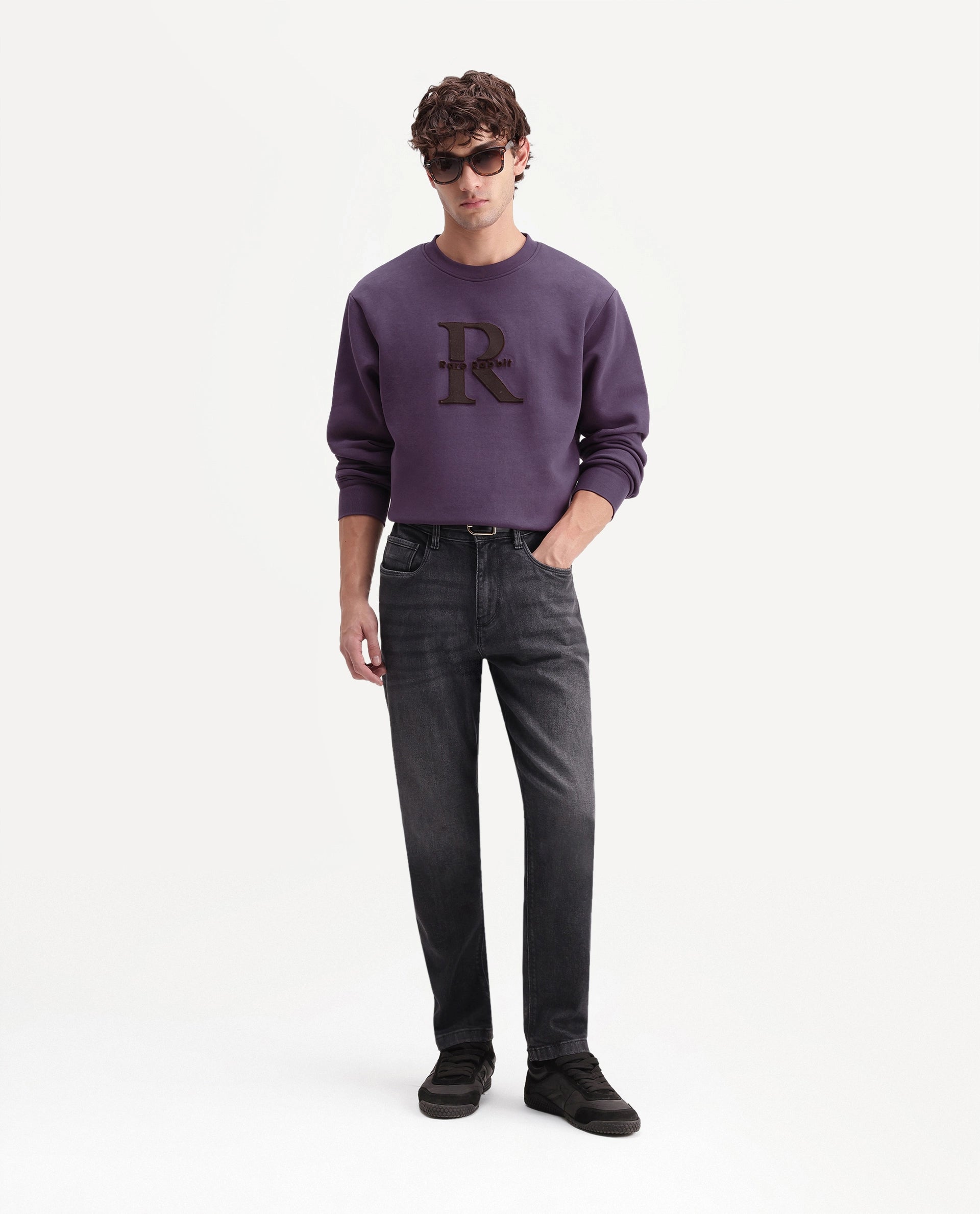Rare Rabbit Men's Wazi Dusky Purple Cotton Blend Crew Neck Regular Embroidered Sweatshirt