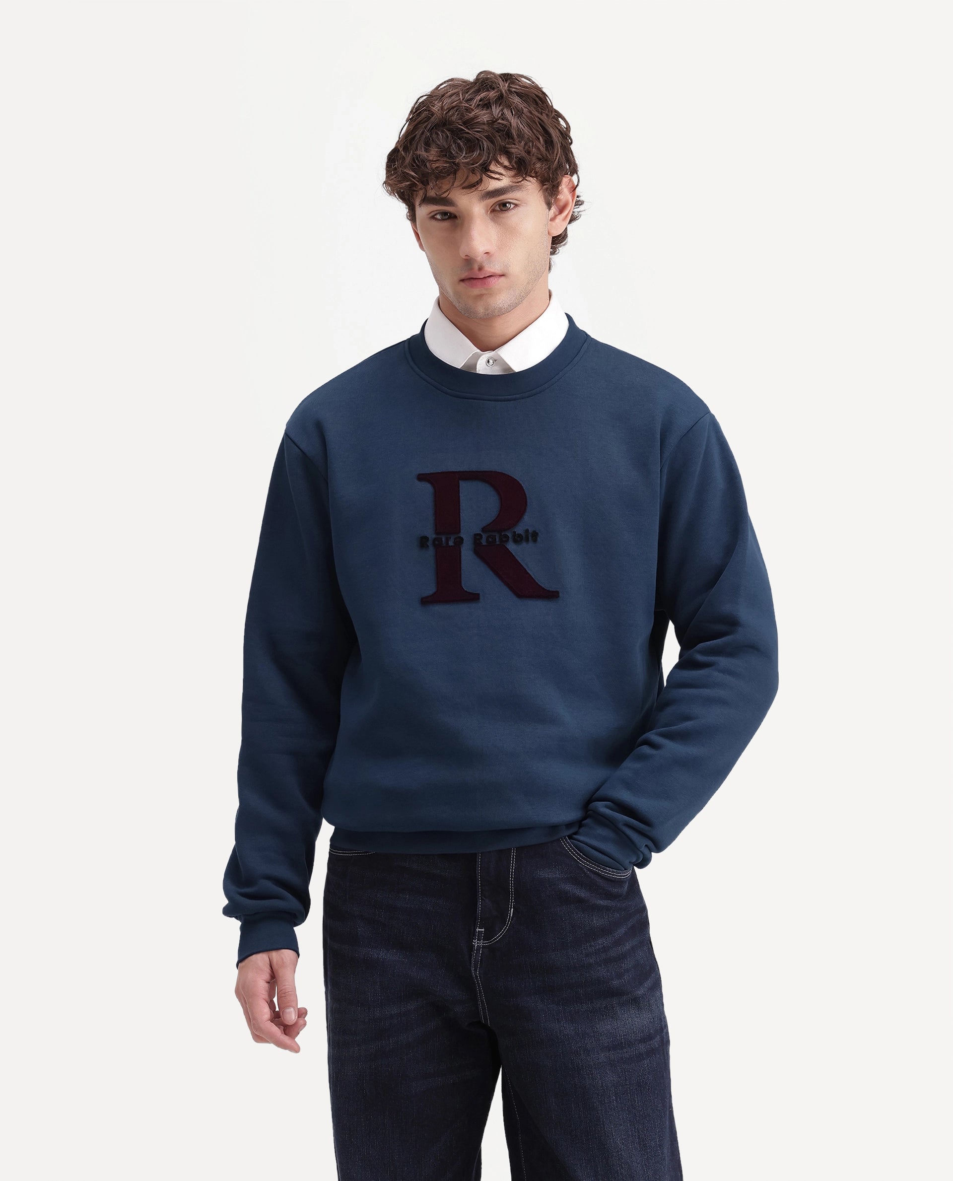 Rare Rabbit Men's Wazi Dark Blue Cotton Blend Crew Neck Regular Embroidered Sweatshirt