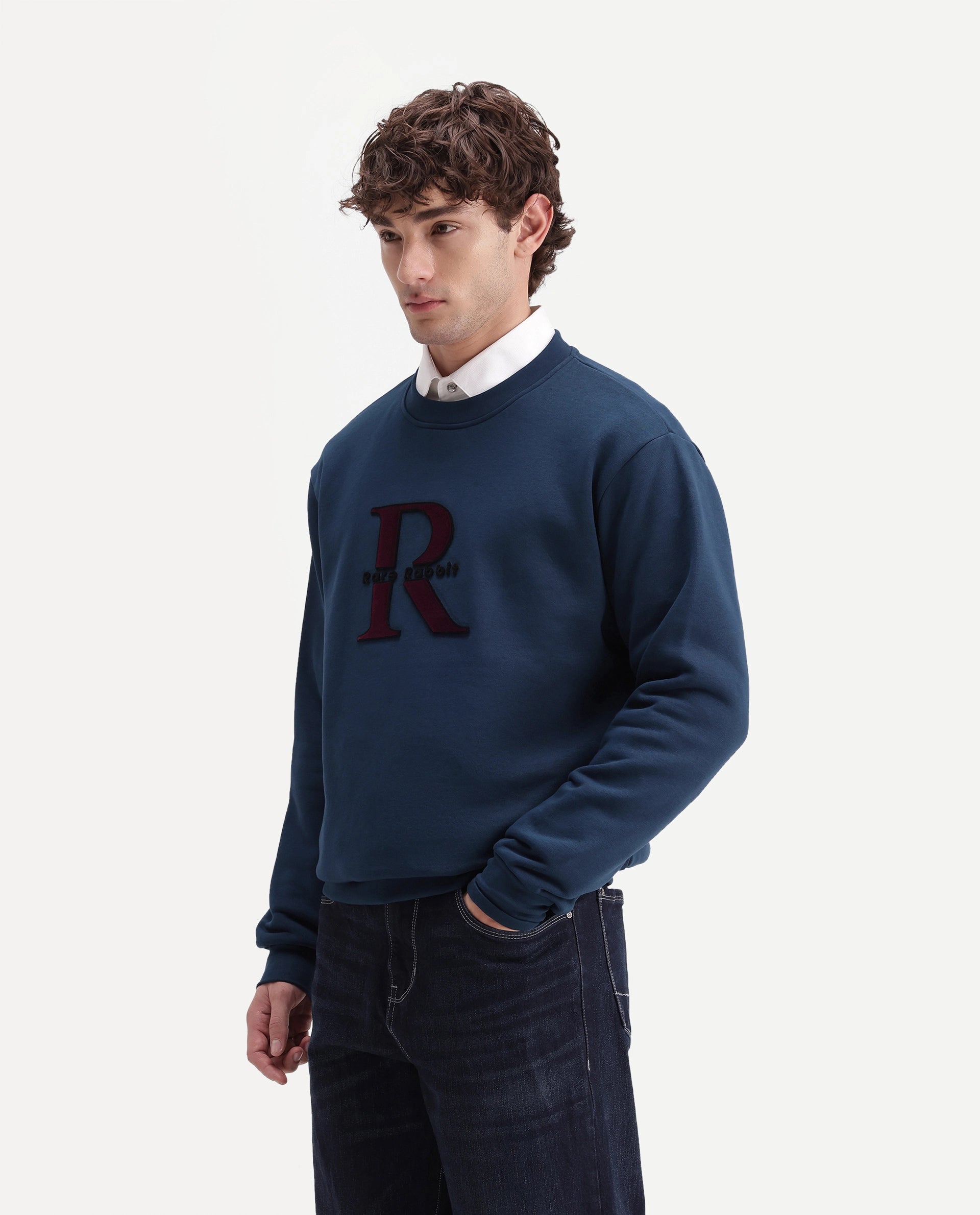 Rare Rabbit Men's Wazi Dark Blue Cotton Blend Crew Neck Regular Embroidered Sweatshirt