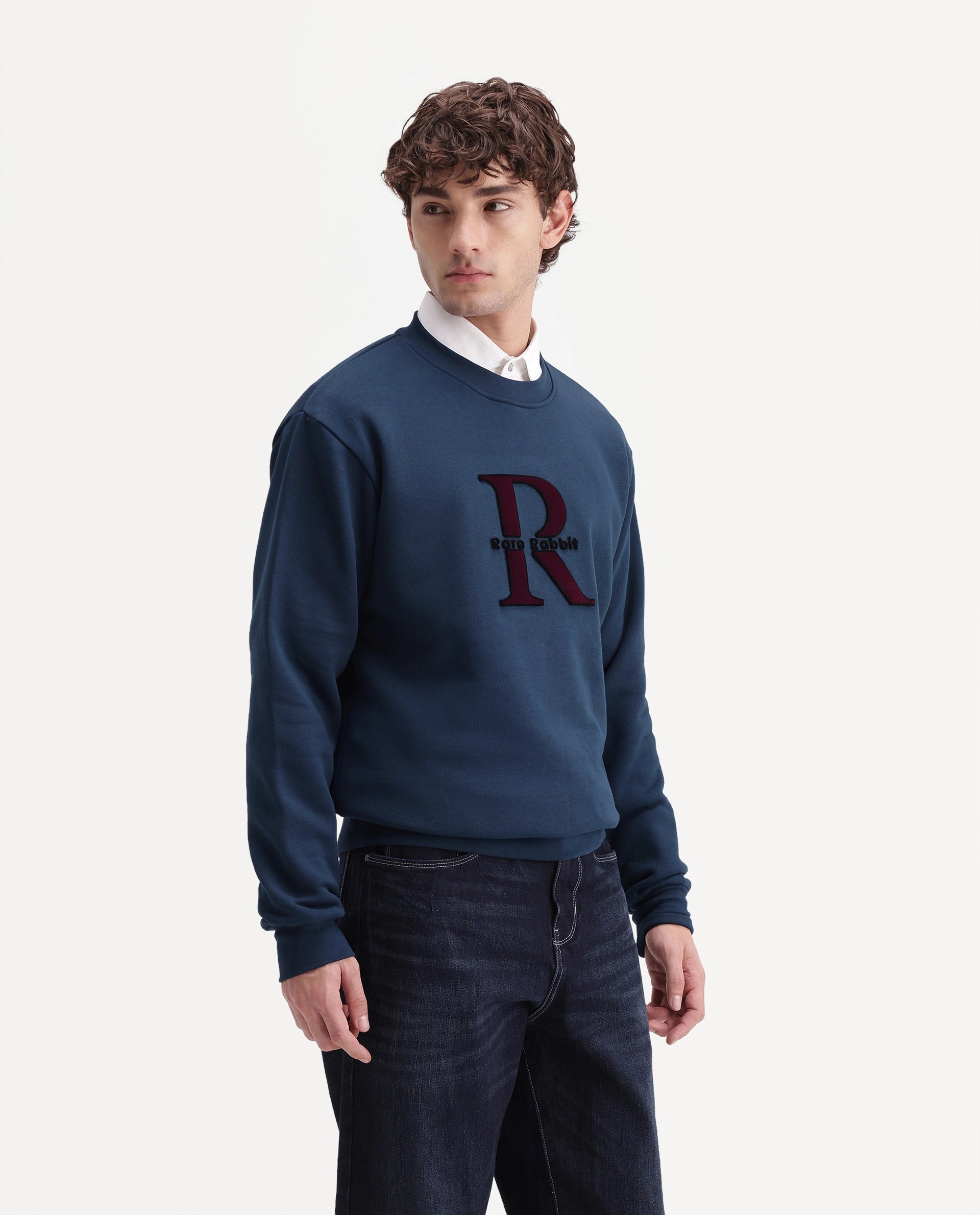 Rare Rabbit Men's Wazi Dark Blue Cotton Blend Crew Neck Regular Embroidered Sweatshirt
