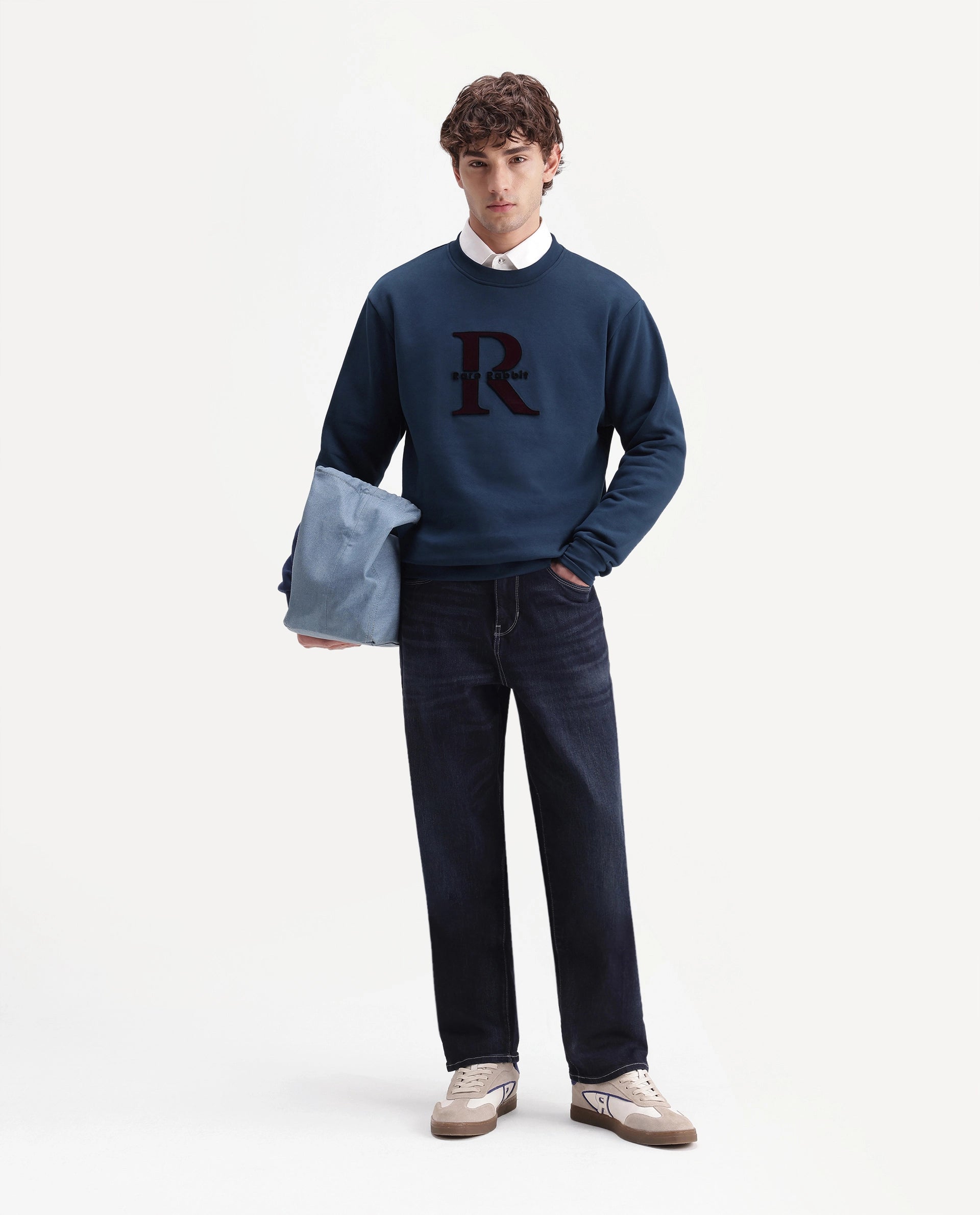 Rare Rabbit Men's Wazi Dark Blue Cotton Blend Crew Neck Regular Embroidered Sweatshirt