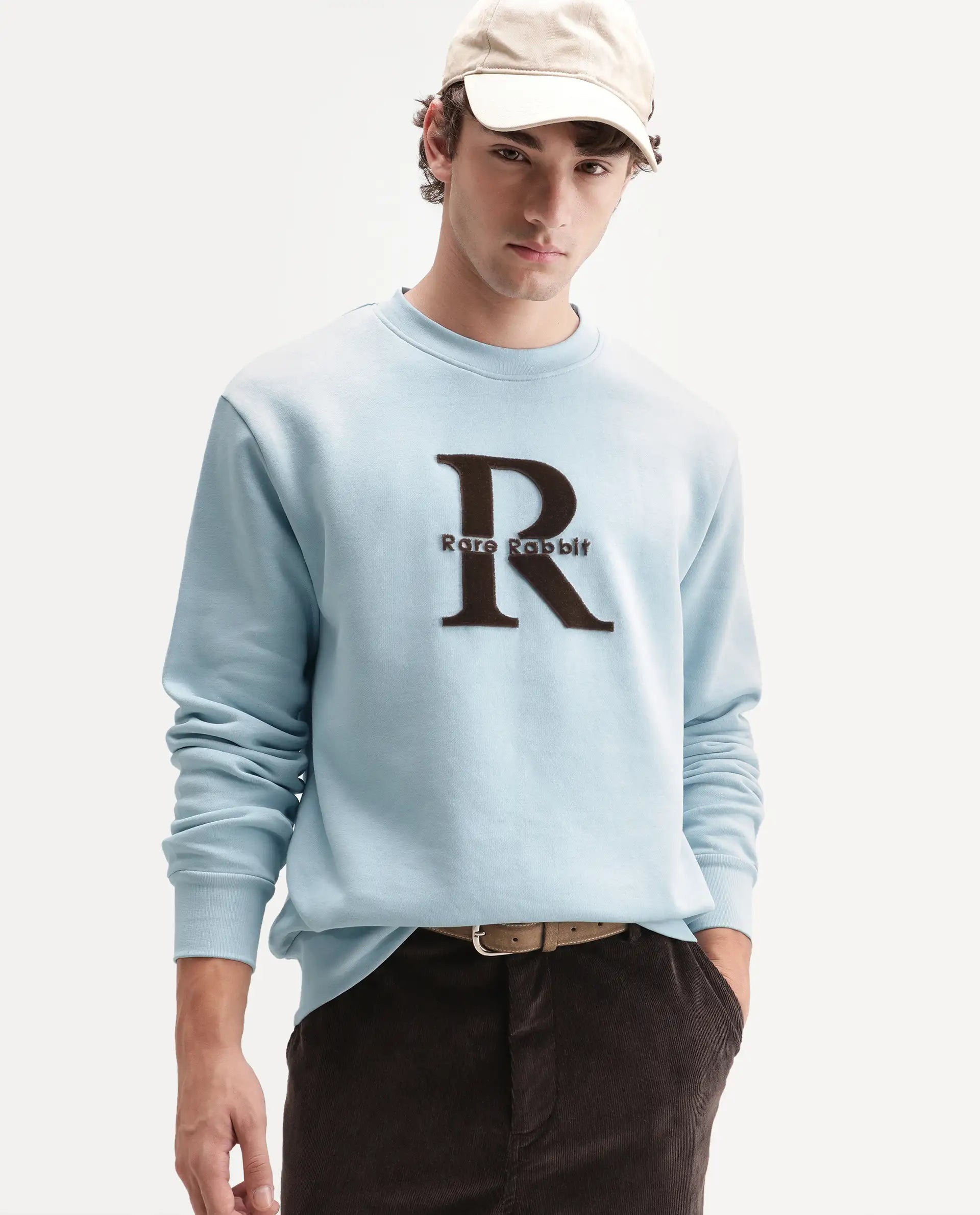 Rare Rabbit Men's Wazi Light Blue Cotton Blend Crew Neck Regular Embroidered Sweatshirt