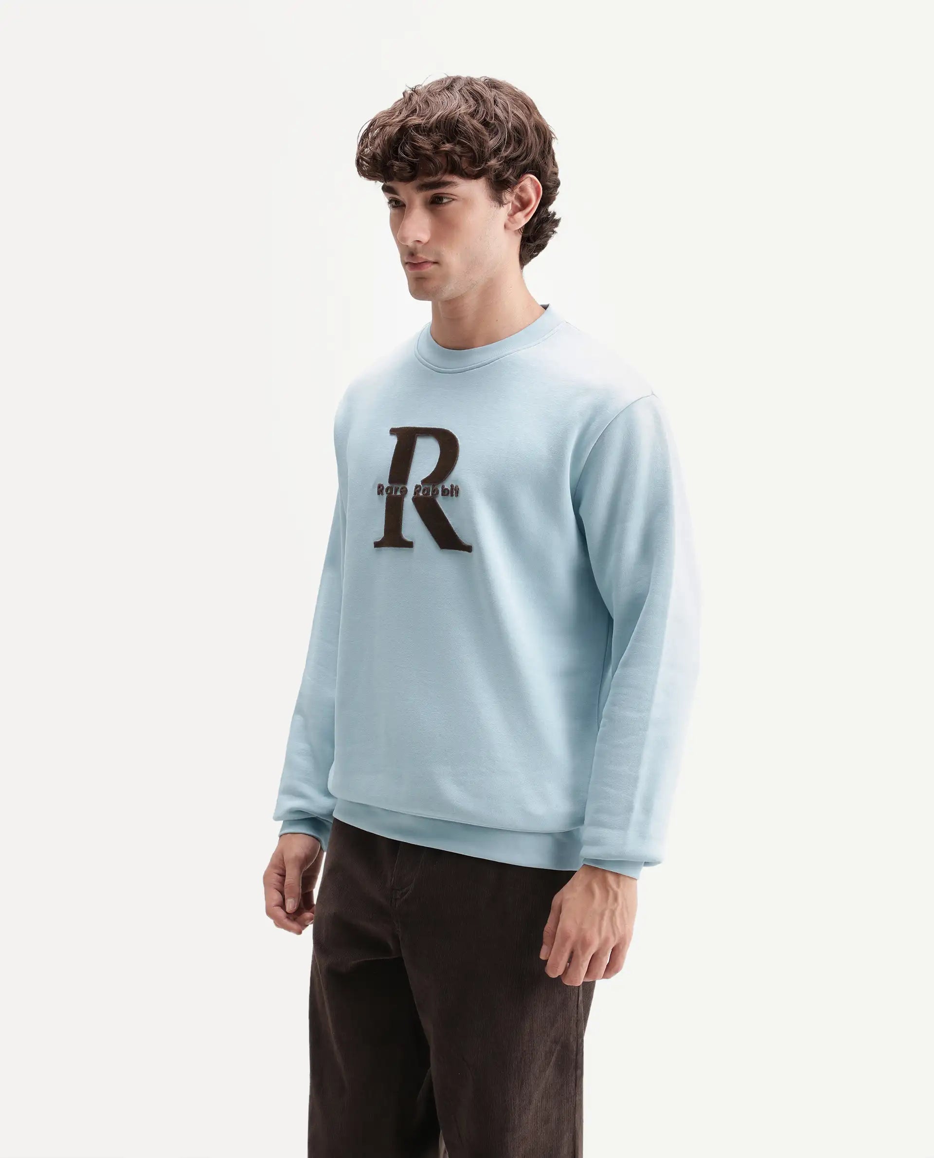 Rare Rabbit Men's Wazi Light Blue Cotton Blend Crew Neck Regular Embroidered Sweatshirt
