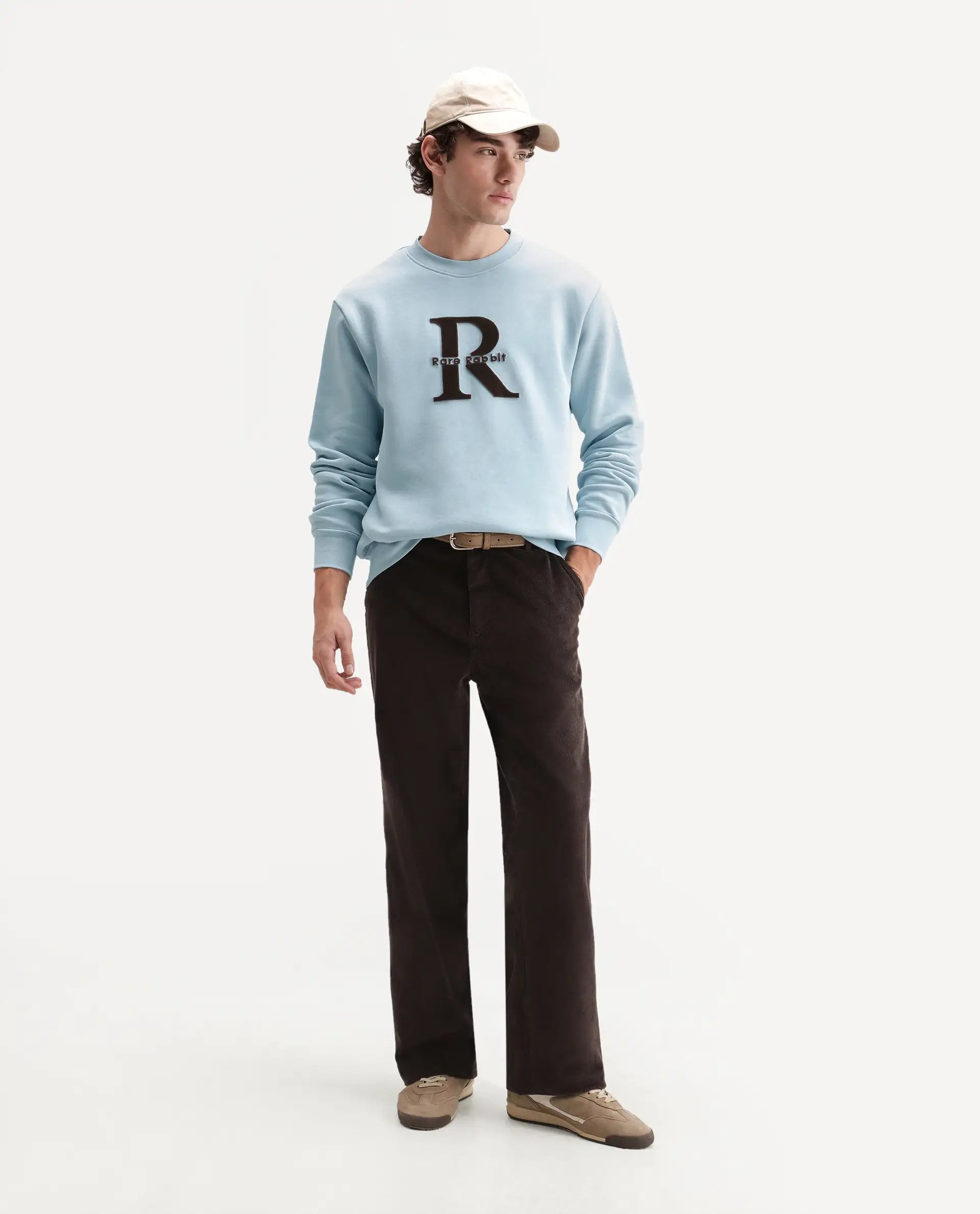 Rare Rabbit Men's Wazi Light Blue Cotton Blend Crew Neck Regular Embroidered Sweatshirt