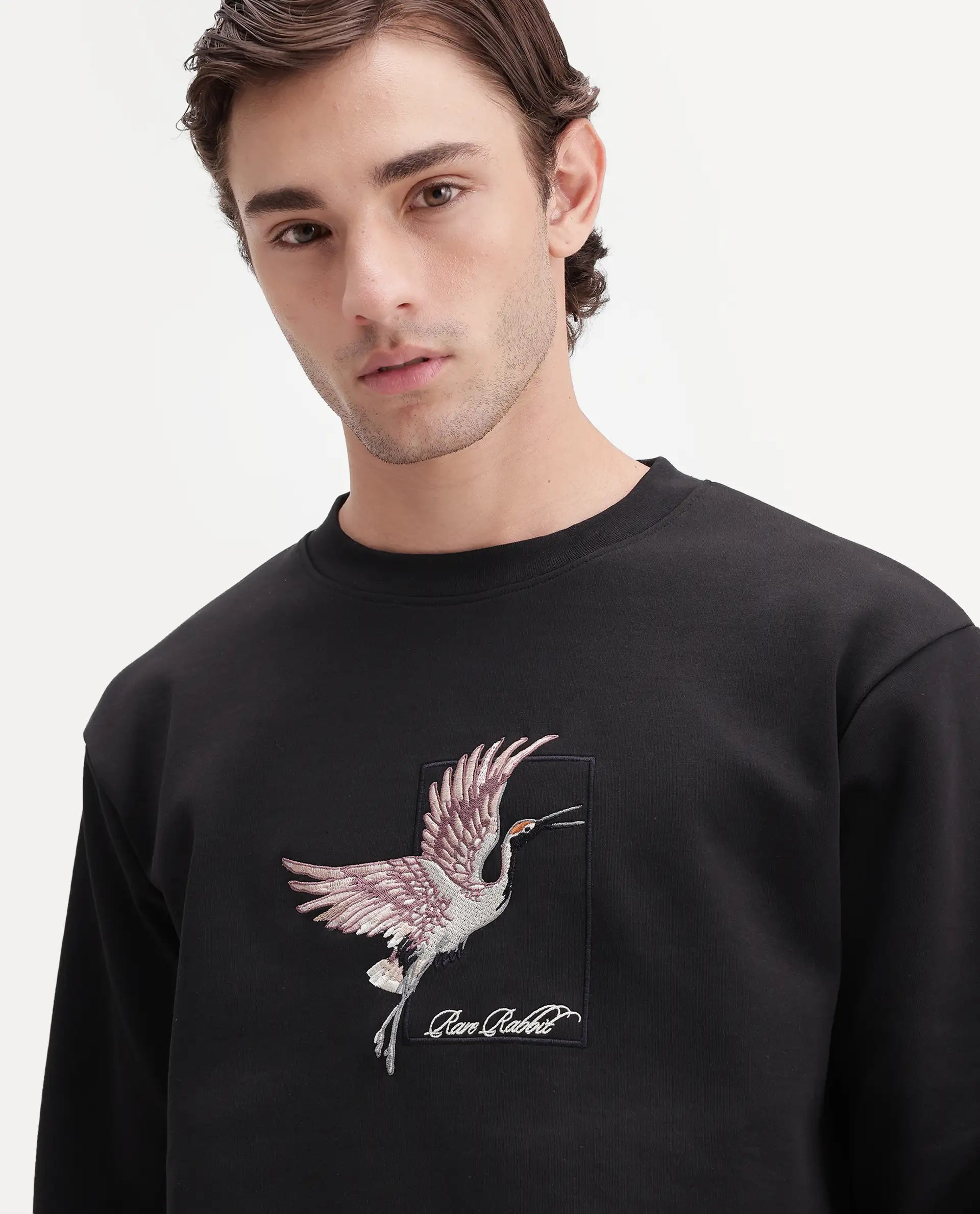Rare Rabbit Men's Birdi Primary Black Cotton Blend Crew Neck Regular Embroidered Sweatshirt