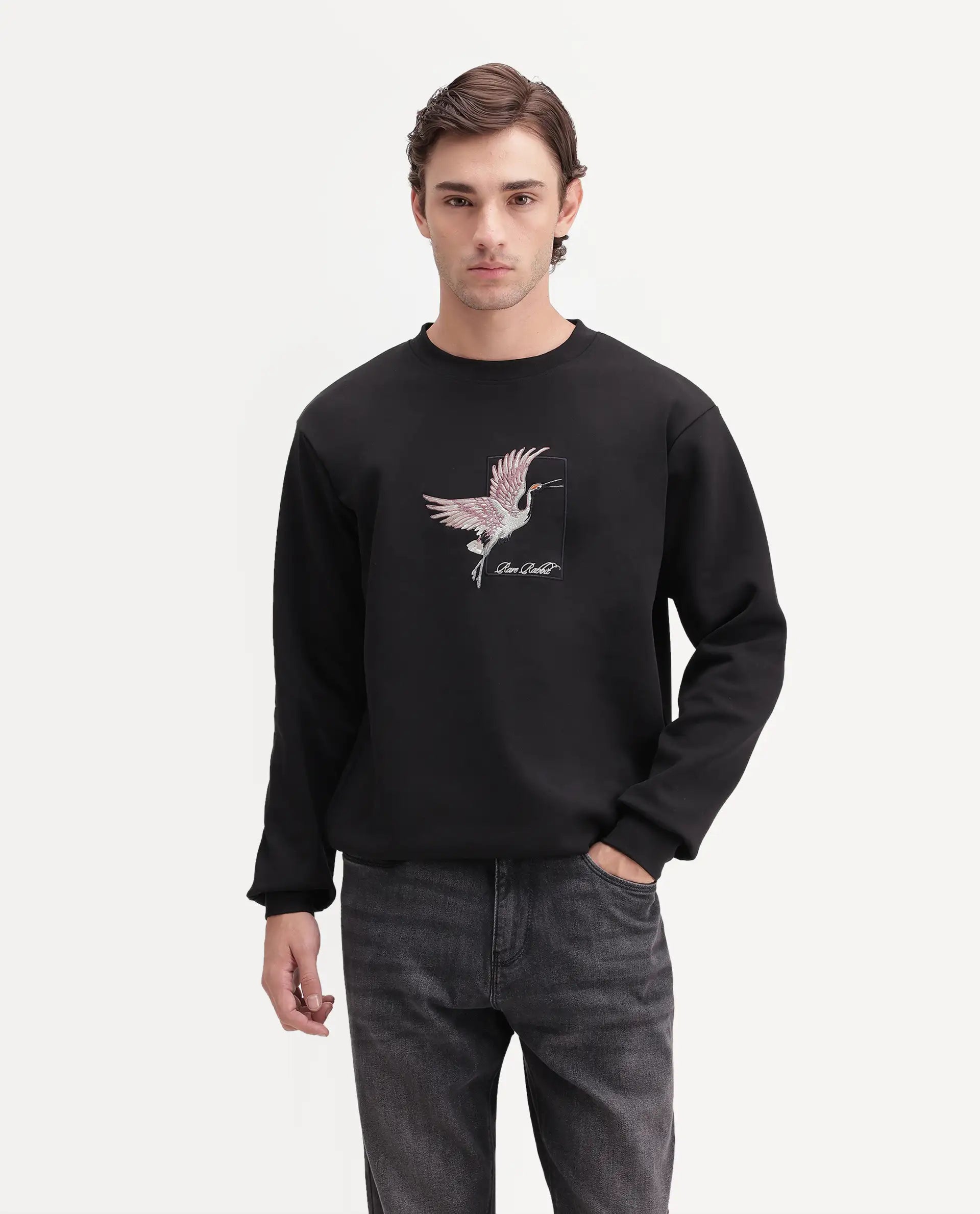 Rare Rabbit Men's Birdi Primary Black Cotton Blend Crew Neck Regular Embroidered Sweatshirt