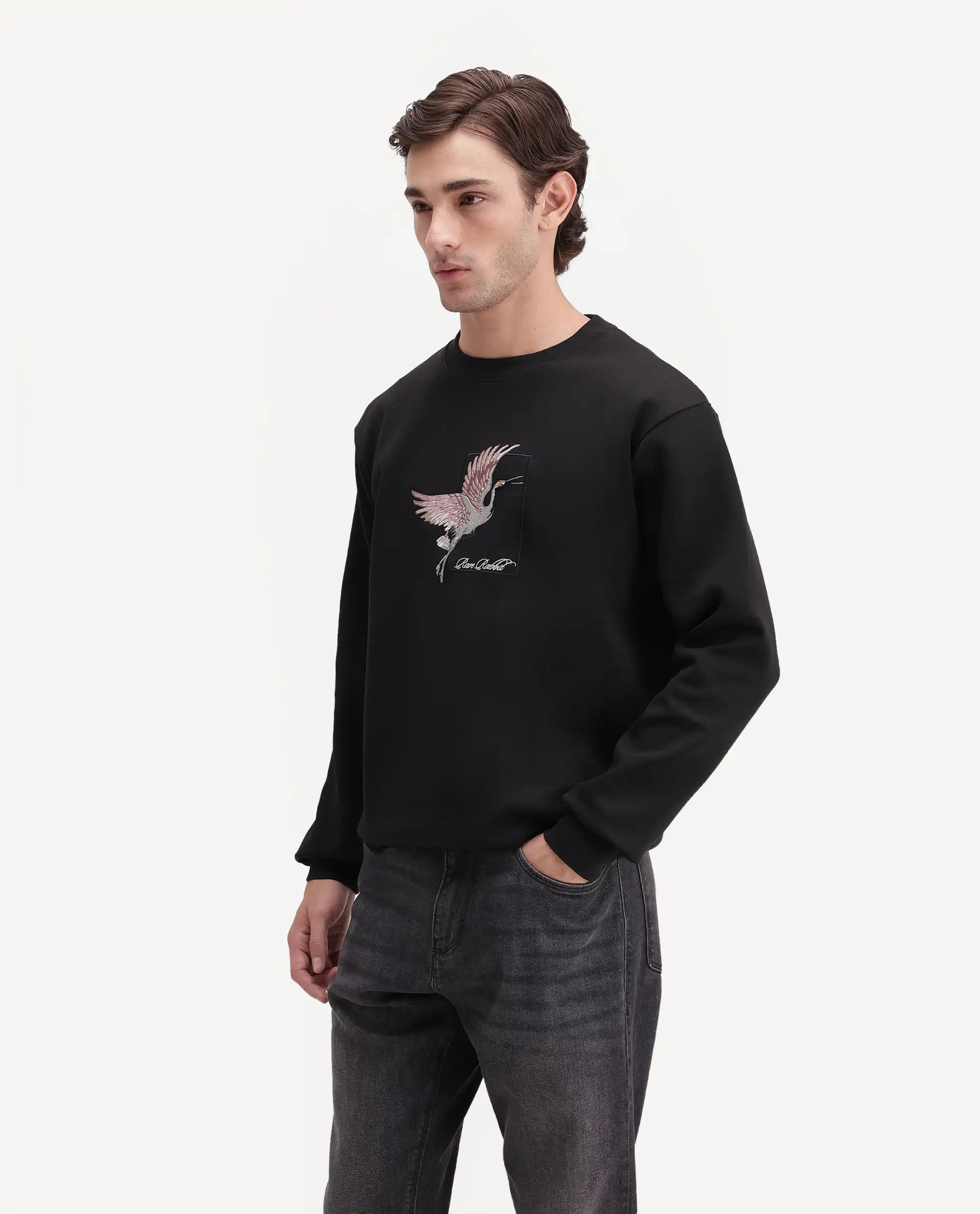 Rare Rabbit Men's Birdi Primary Black Cotton Blend Crew Neck Regular Embroidered Sweatshirt