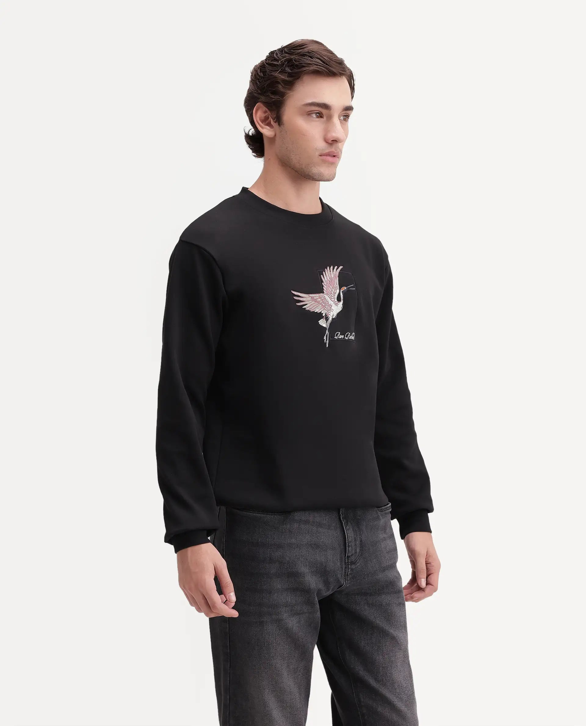 Rare Rabbit Men's Birdi Primary Black Cotton Blend Crew Neck Regular Embroidered Sweatshirt