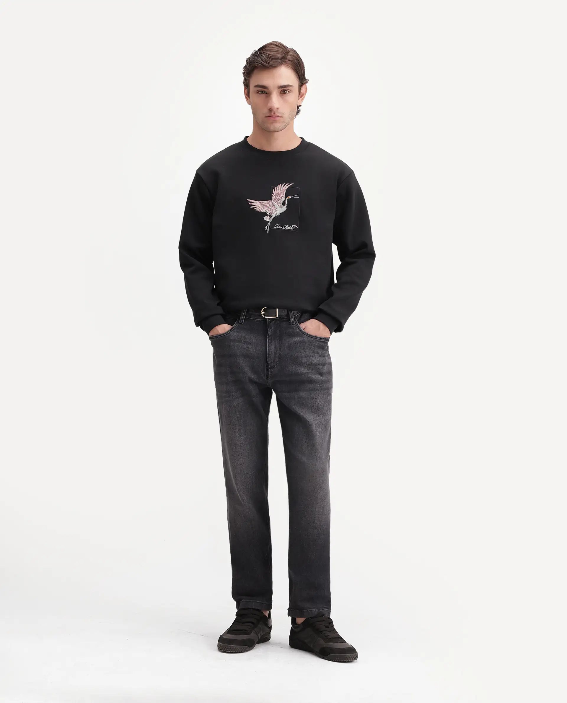 Rare Rabbit Men's Birdi Primary Black Cotton Blend Crew Neck Regular Embroidered Sweatshirt