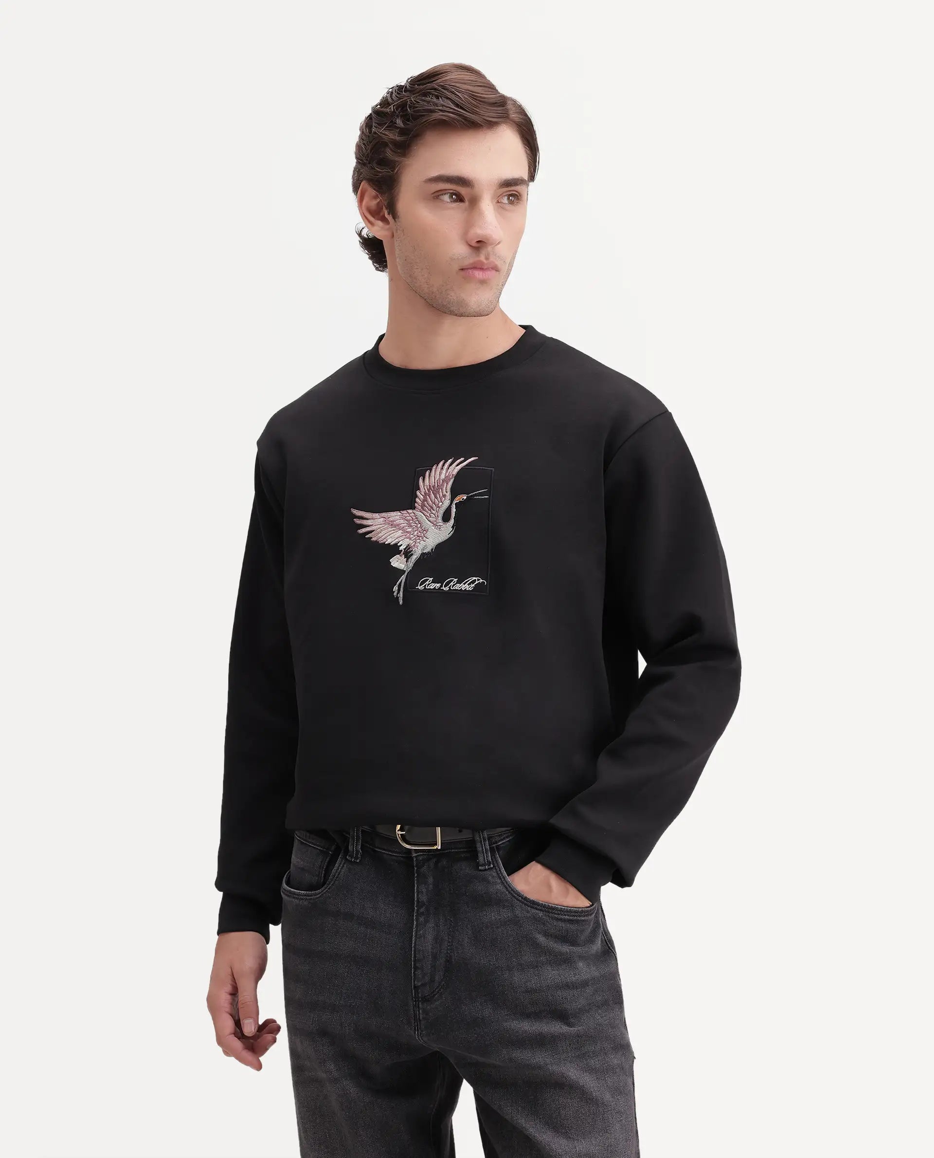 Rare Rabbit Men's Birdi Primary Black Cotton Blend Crew Neck Regular Embroidered Sweatshirt