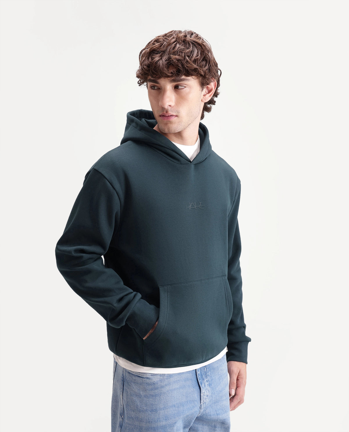 Rare Rabbit Men's Kore S Primary Teal Cotton Blend Hooded Regular Plain Sweatshirt