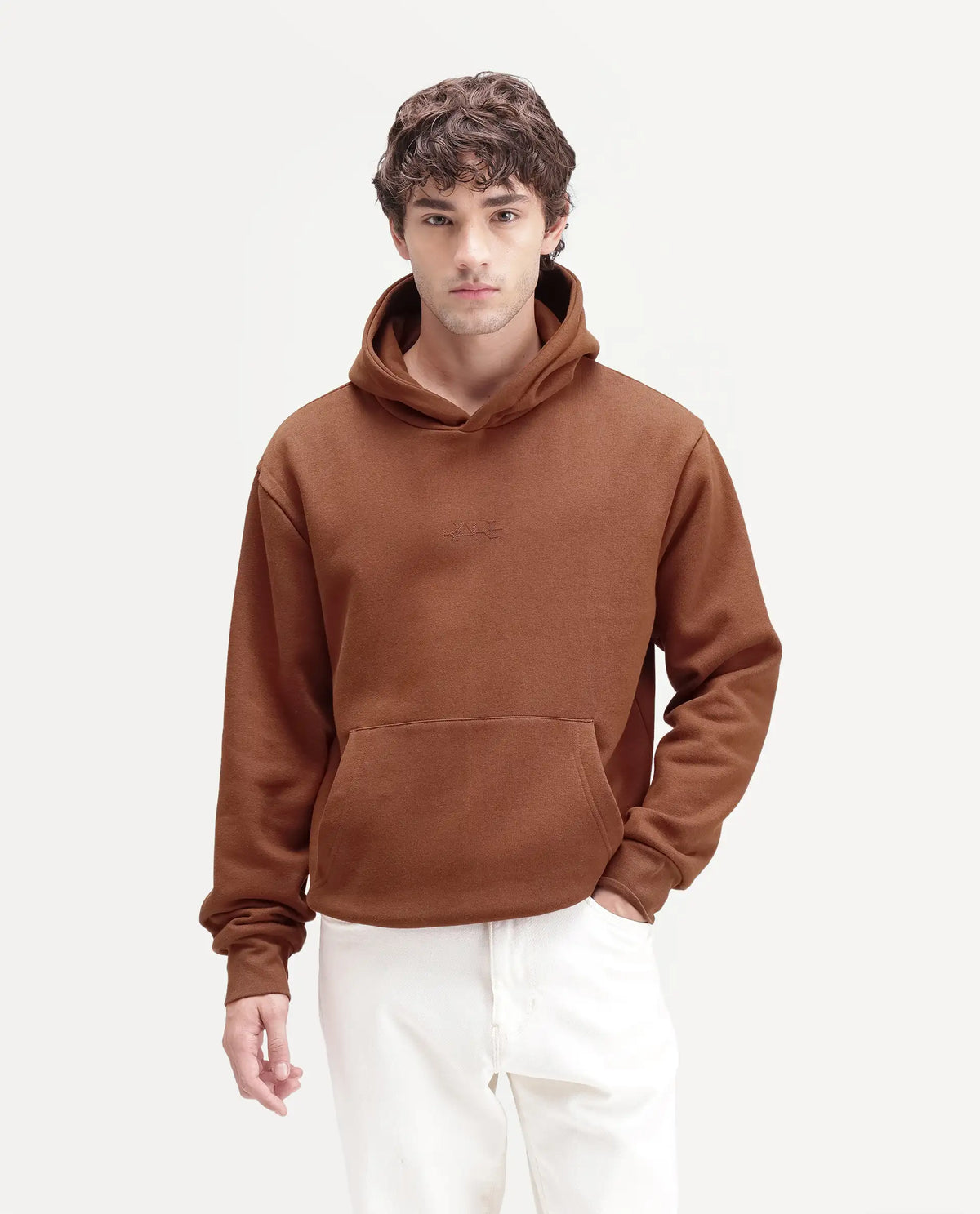 Rare Rabbit Men's Kore S Primary Rust Cotton Blend Hooded Regular Plain Sweatshirt