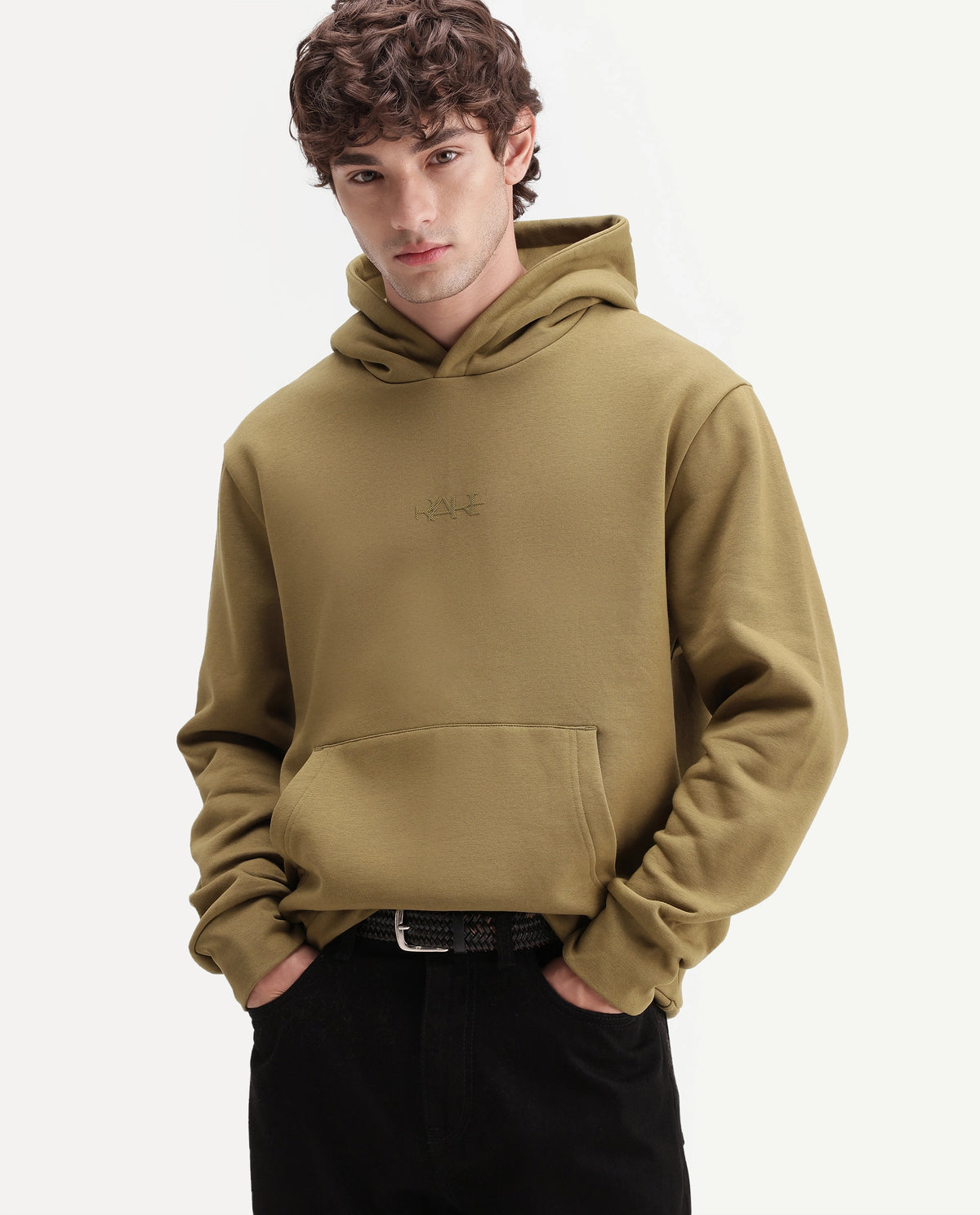 Rare Rabbit Men's Kore S Dusky Mustard Cotton Blend Hooded Regular Plain Sweatshirt