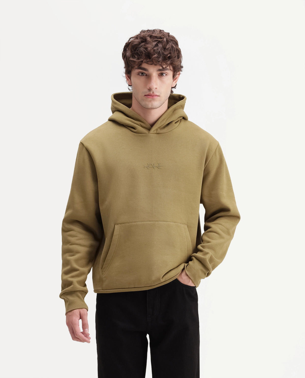 Rare Rabbit Men's Kore S Dusky Mustard Cotton Blend Hooded Regular Plain Sweatshirt